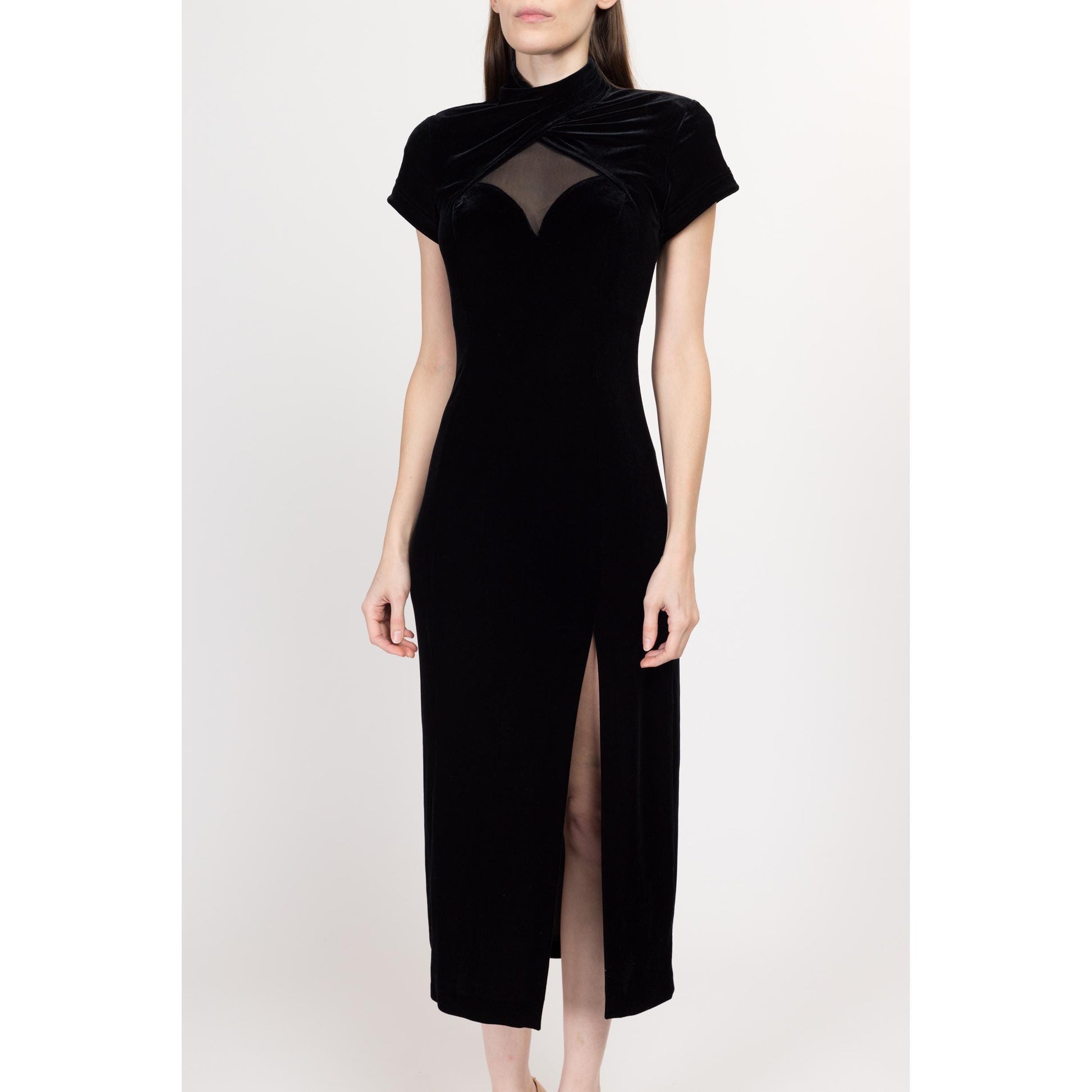 Small 90s Black Velvet Sheer Illusion Party Dress | Vintage Short Sleeve Backless Formal Bodycon Midi Dress