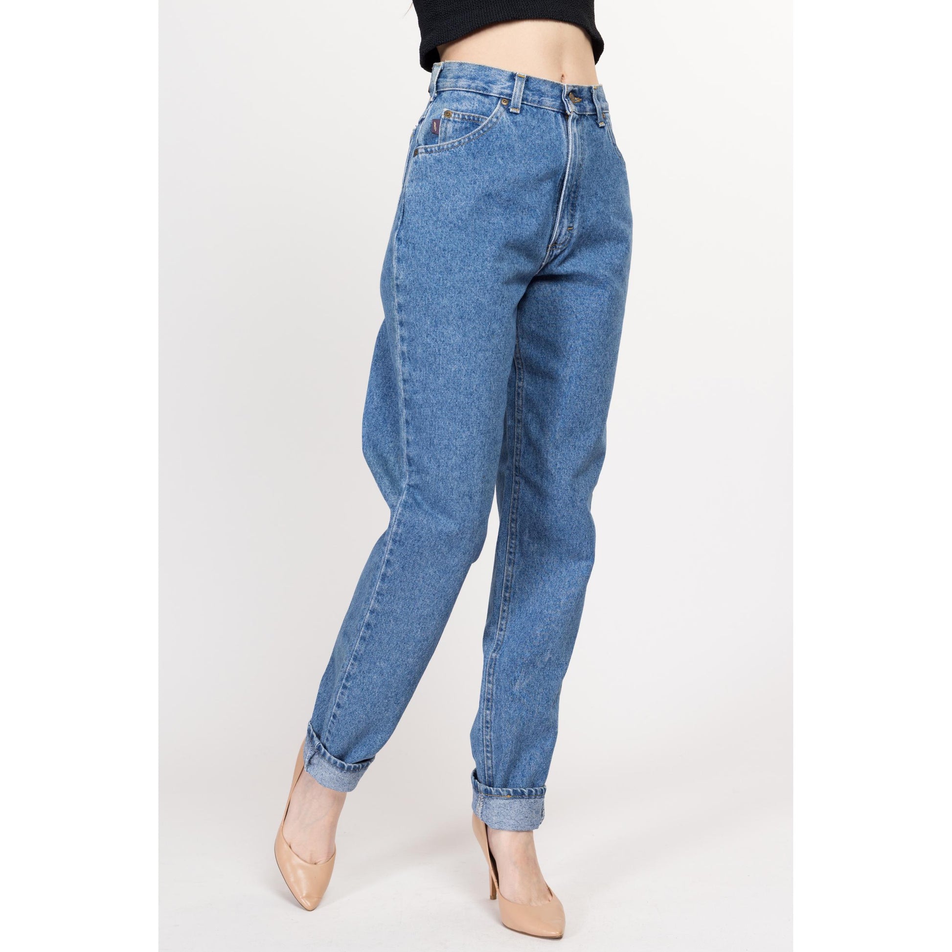 Small Long 90s Riders High Waisted Mom Jeans 27" | Vintage Stonewash Denim Tapered Leg Jeans