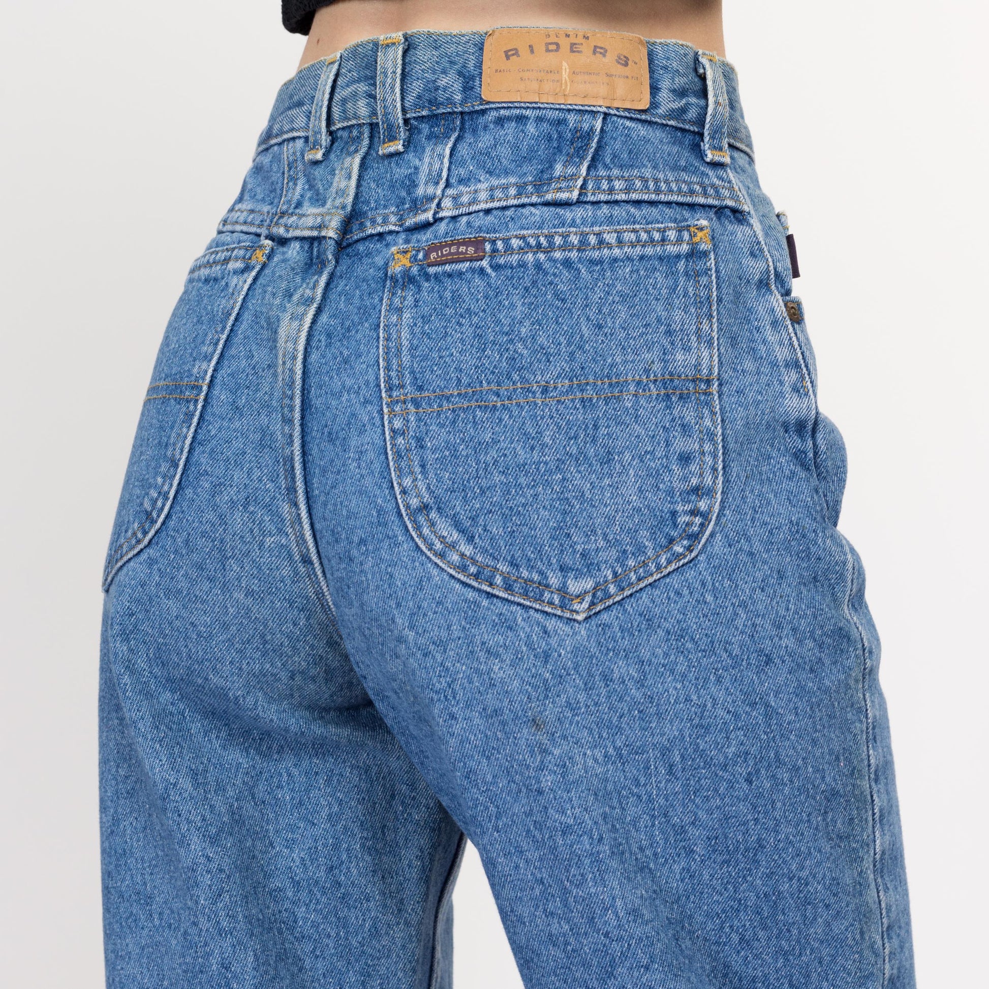 Small Long 90s Riders High Waisted Mom Jeans 27" | Vintage Stonewash Denim Tapered Leg Jeans