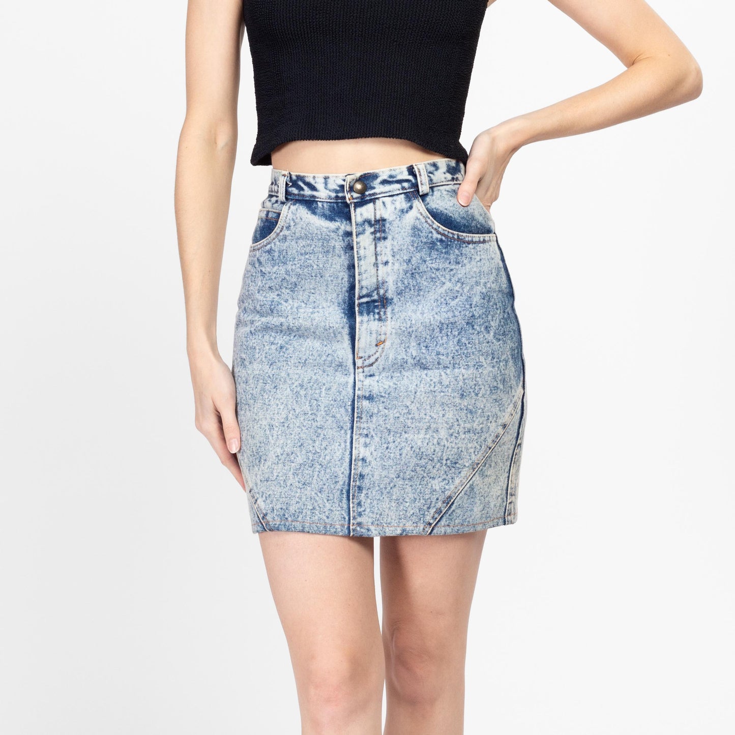 XS 80s Acid Wash Denim Mini Skirt 26" | Vintage High Waisted Zipper Pocket Jean Pencil Skirt