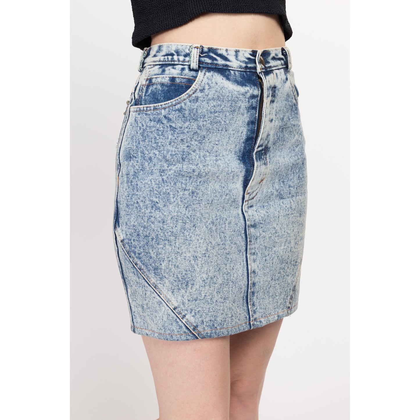 XS 80s Acid Wash Denim Mini Skirt 26" | Vintage High Waisted Zipper Pocket Jean Pencil Skirt