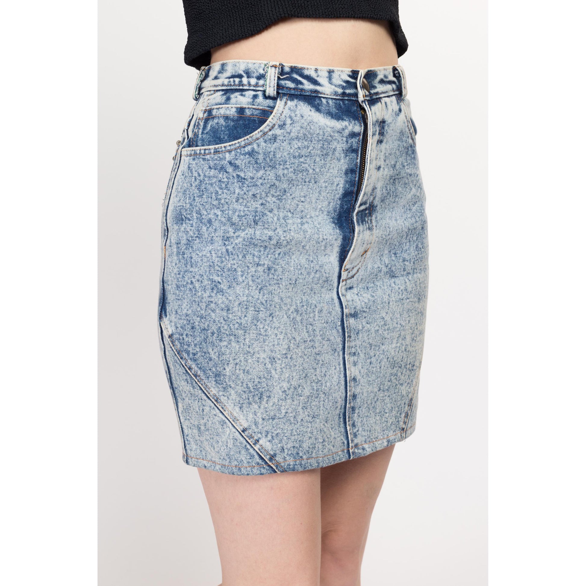 XS 80s Acid Wash Denim Mini Skirt 26" | Vintage High Waisted Zipper Pocket Jean Pencil Skirt