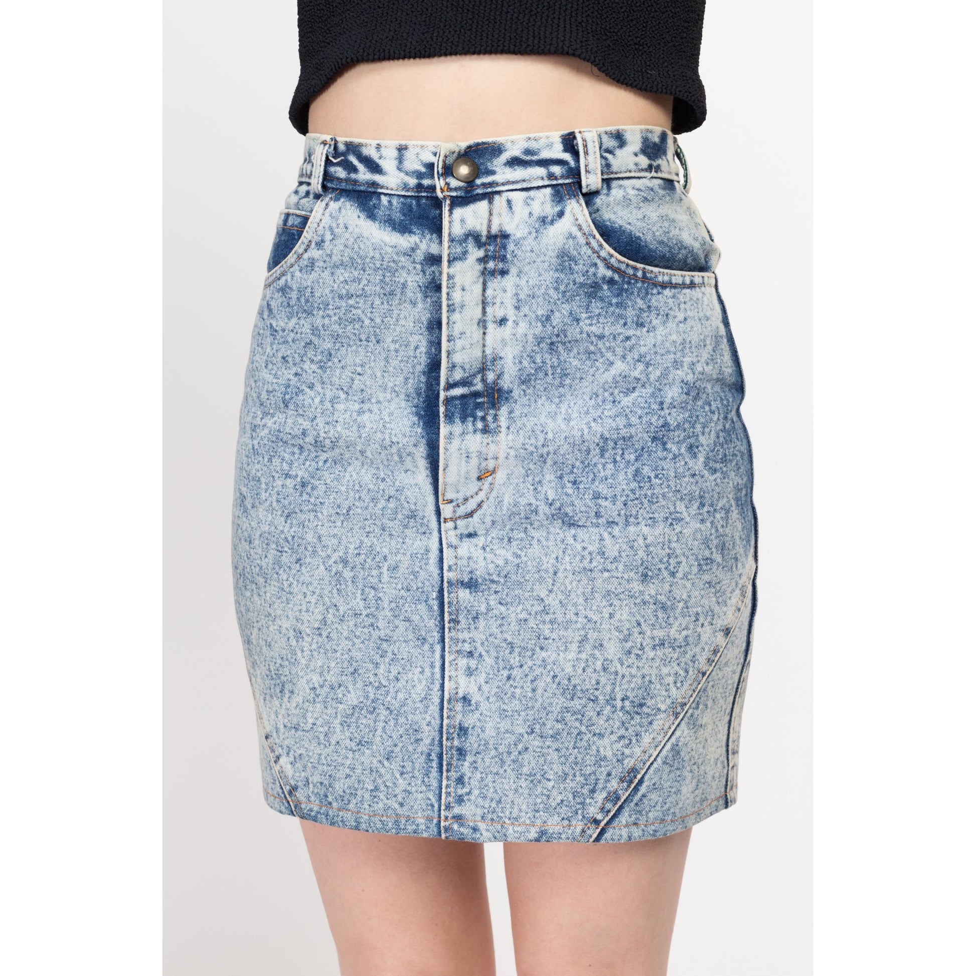 XS 80s Acid Wash Denim Mini Skirt 26" | Vintage High Waisted Zipper Pocket Jean Pencil Skirt