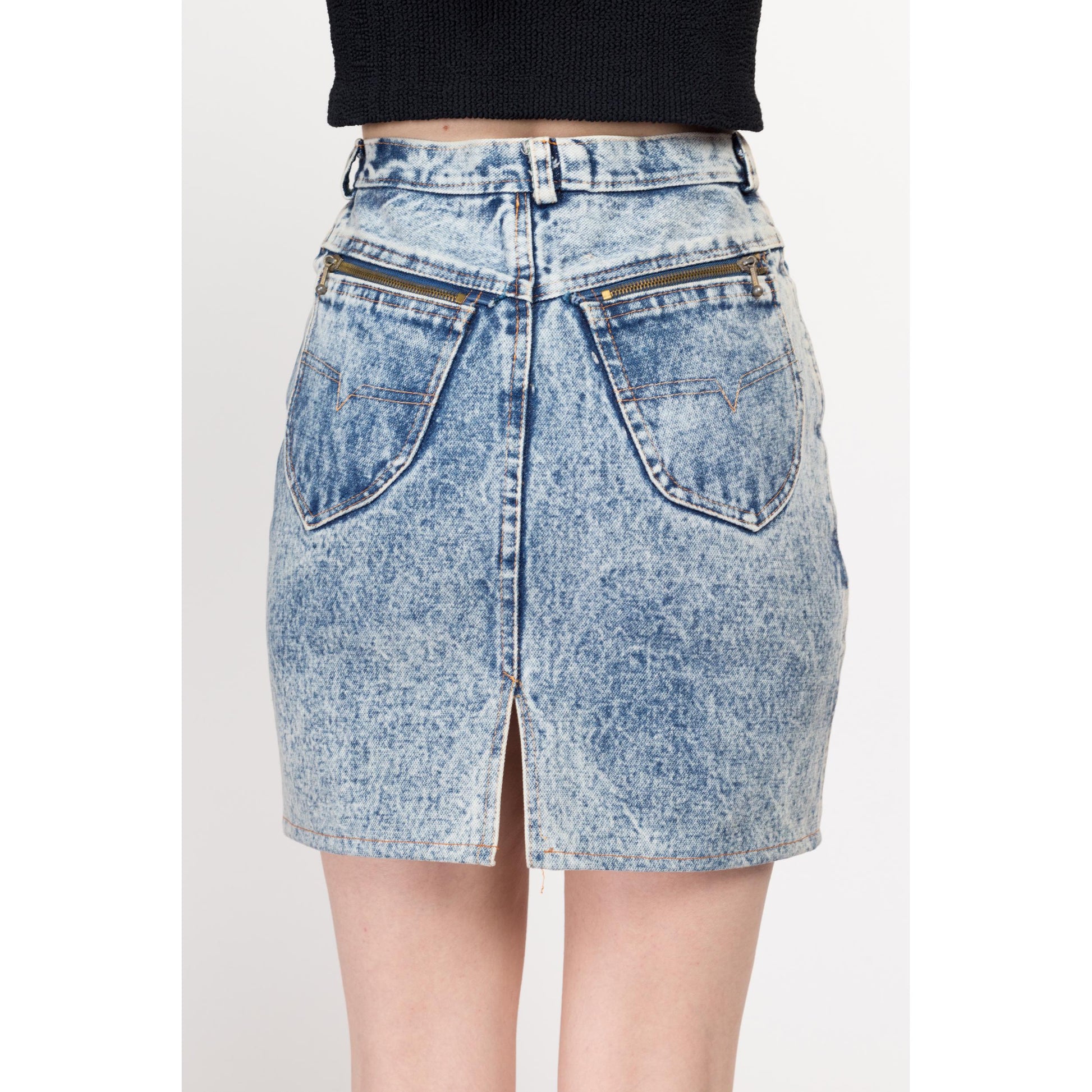XS 80s Acid Wash Denim Mini Skirt 26" | Vintage High Waisted Zipper Pocket Jean Pencil Skirt