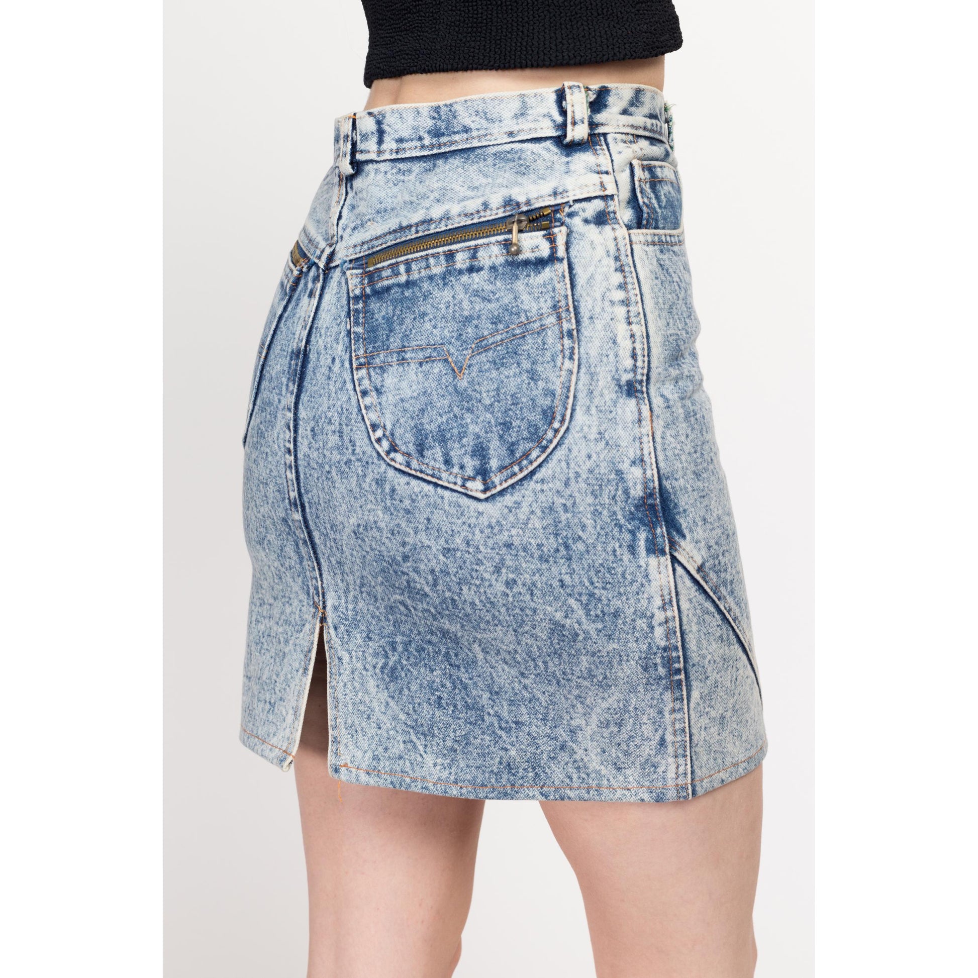 XS 80s Acid Wash Denim Mini Skirt 26" | Vintage High Waisted Zipper Pocket Jean Pencil Skirt