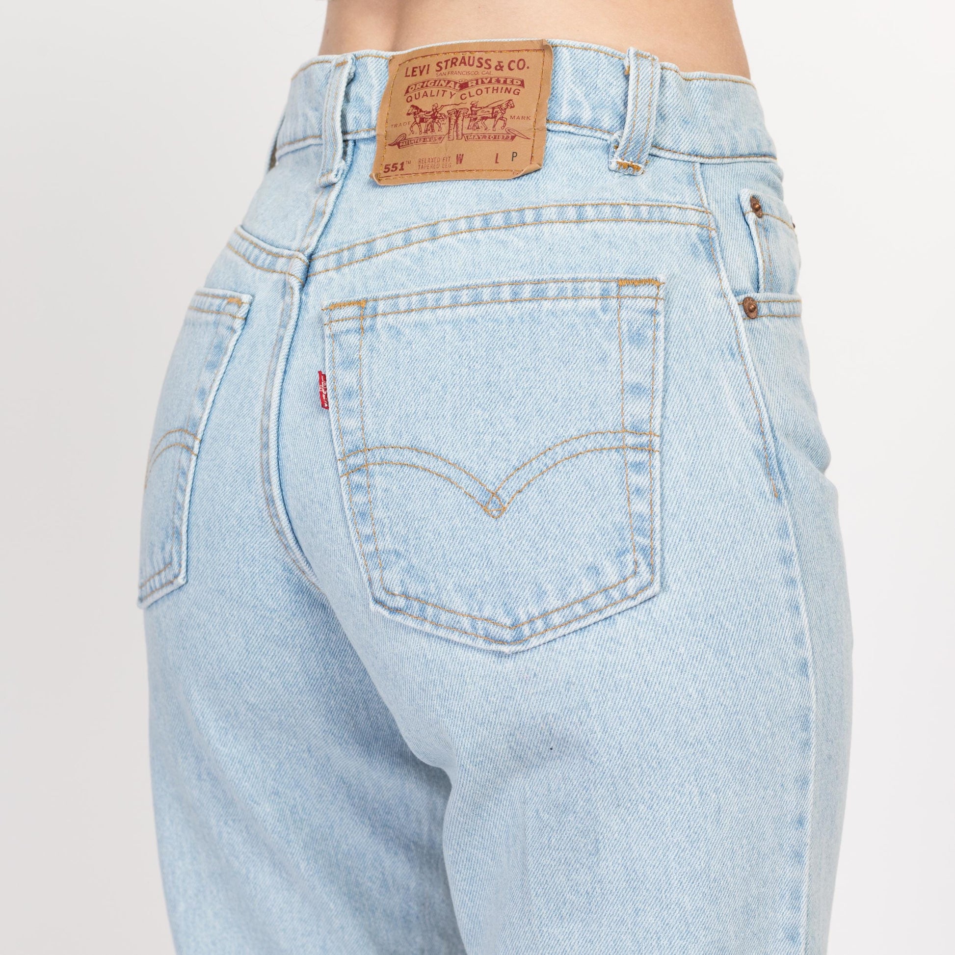 XS 90s Levis 551 High Waisted Mom Jeans 26" | Vintage Levi's Light Wash Denim Relaxed Fit Tapered Leg Jeans