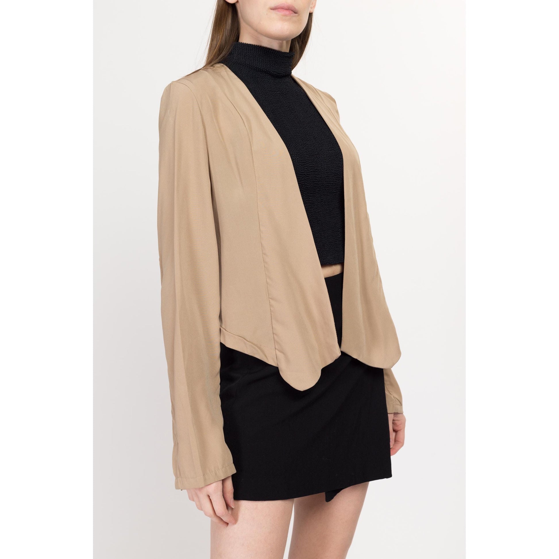 Large Y2K Tan Fringe Back Blazer Top | Vintage Long Sleeve Open Fit Overshirt