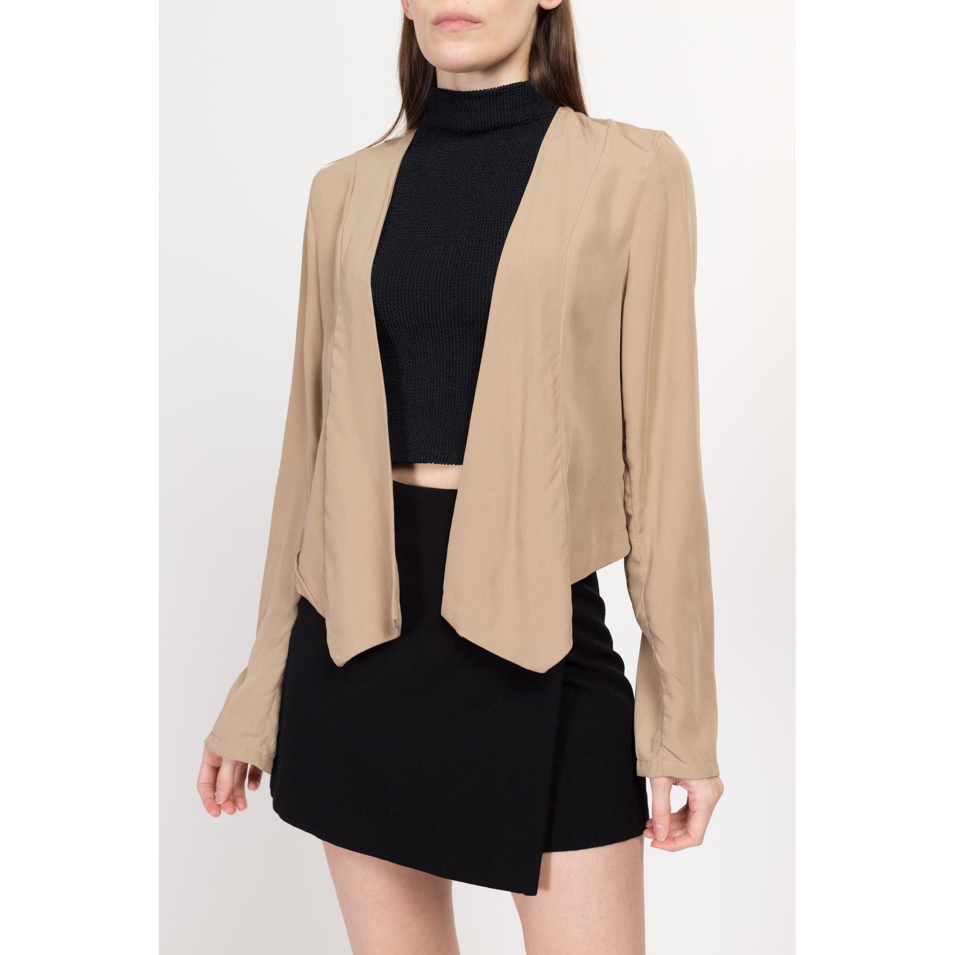 Large Y2K Tan Fringe Back Blazer Top | Vintage Long Sleeve Open Fit Overshirt