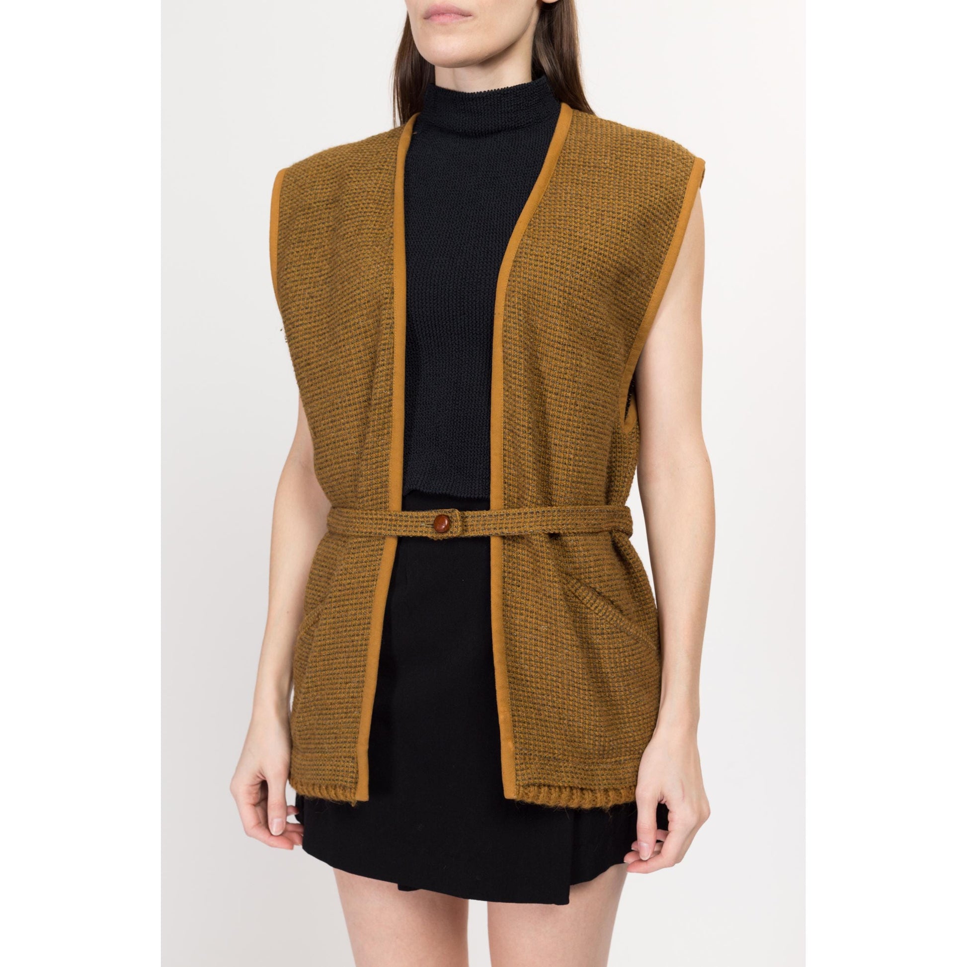 Medium 80s Callaghan Wool Tweed Vest | Vintage Italian Designer Mustard Yellow Belted Sweater Top