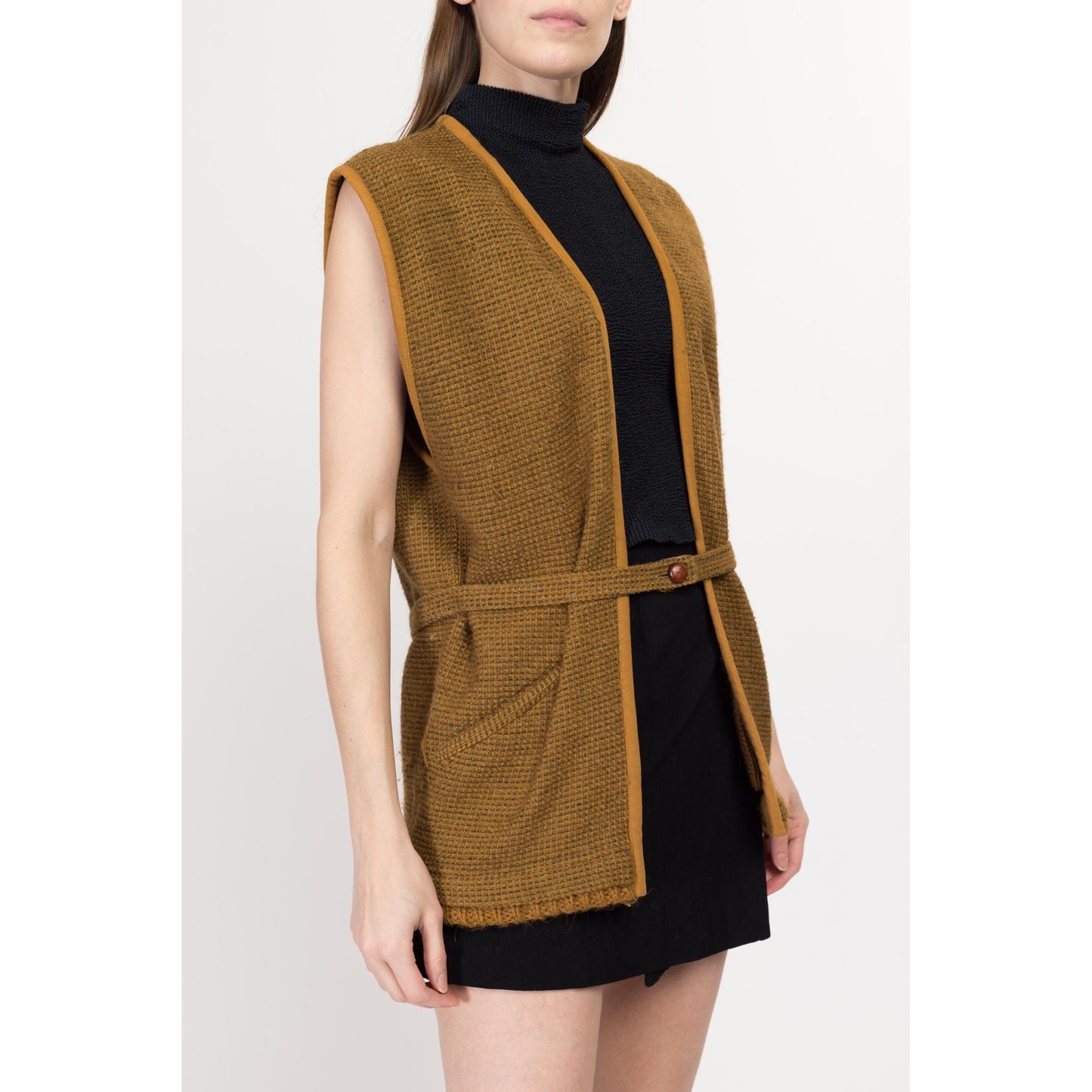 Medium 80s Callaghan Wool Tweed Vest | Vintage Italian Designer Mustard Yellow Belted Sweater Top