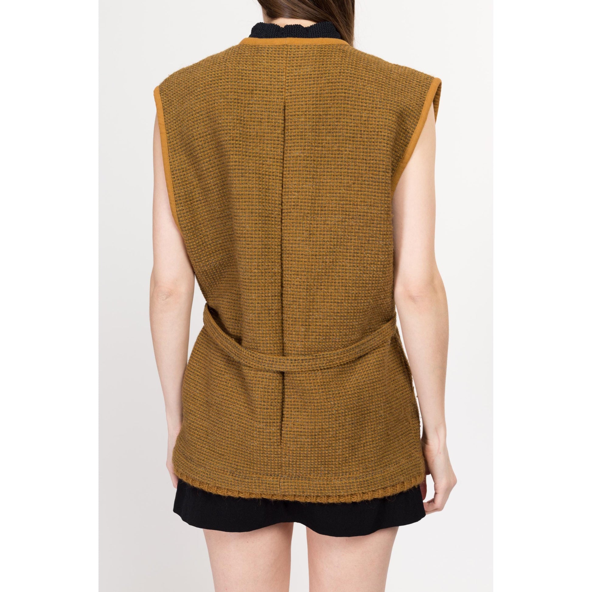 Medium 80s Callaghan Wool Tweed Vest | Vintage Italian Designer Mustard Yellow Belted Sweater Top