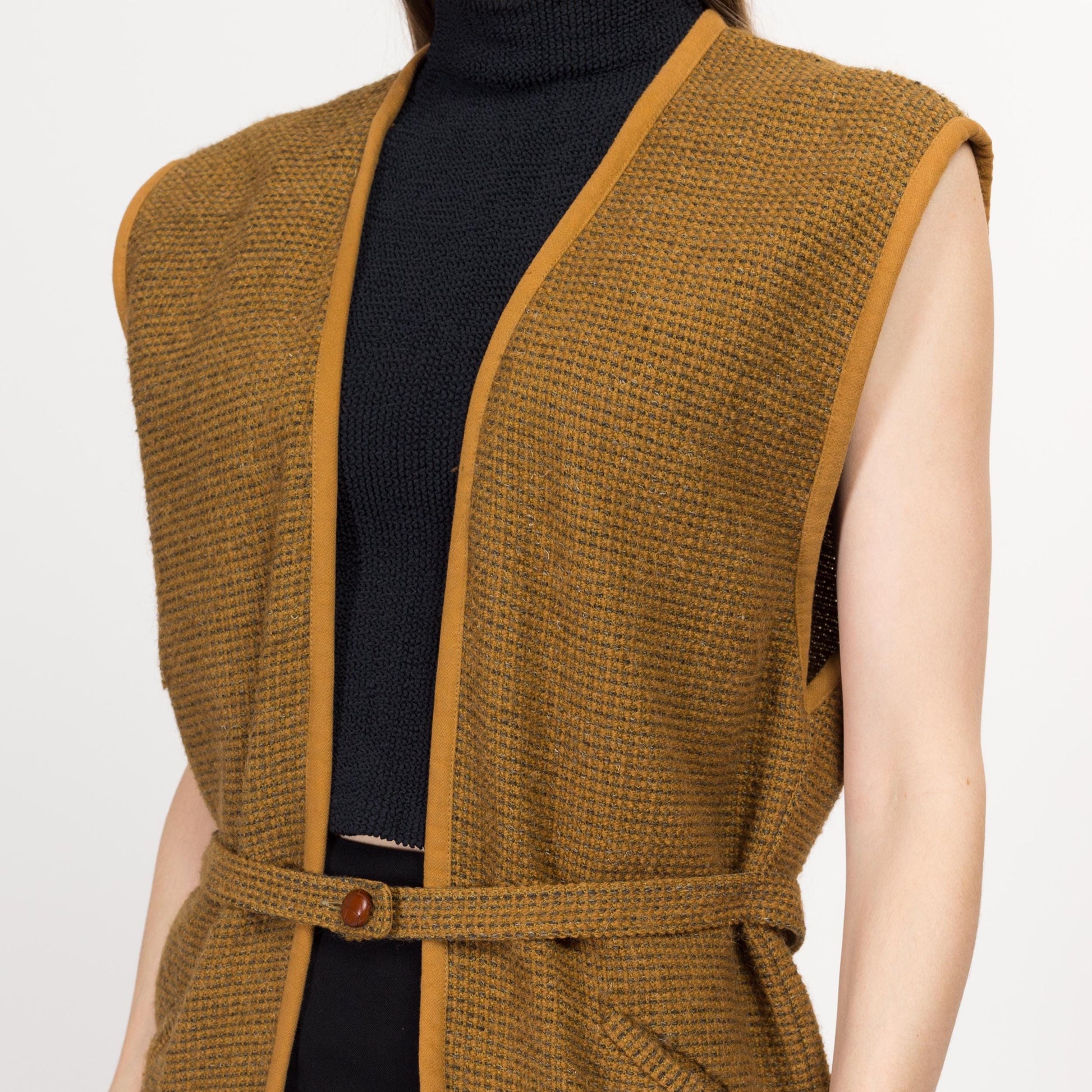 Medium 80s Callaghan Wool Tweed Vest | Vintage Italian Designer Mustard Yellow Belted Sweater Top