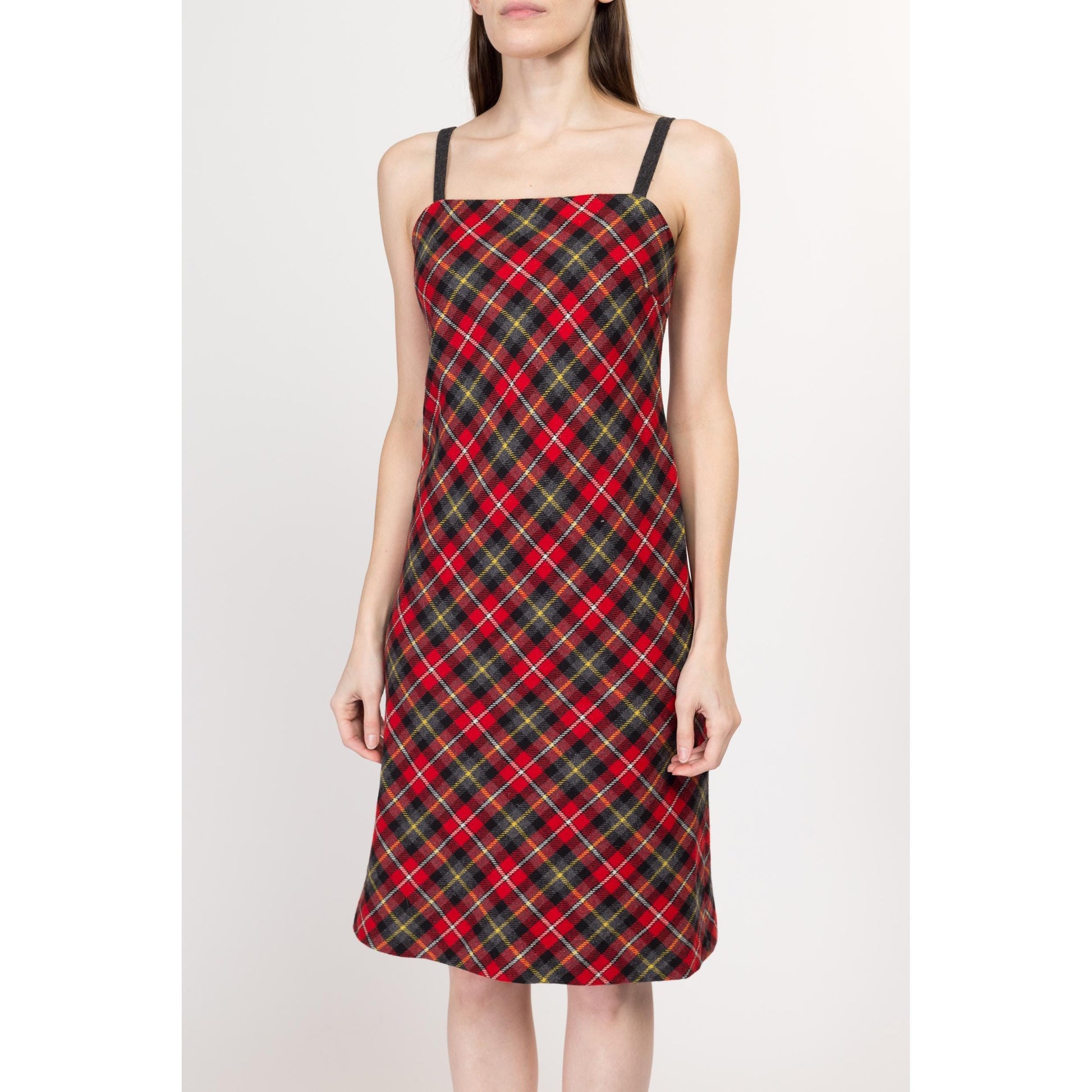 XS 90s Tommy Hilfiger Red Plaid A Line Dress | Vintage Spaghetti Strap Knit Midi Dress