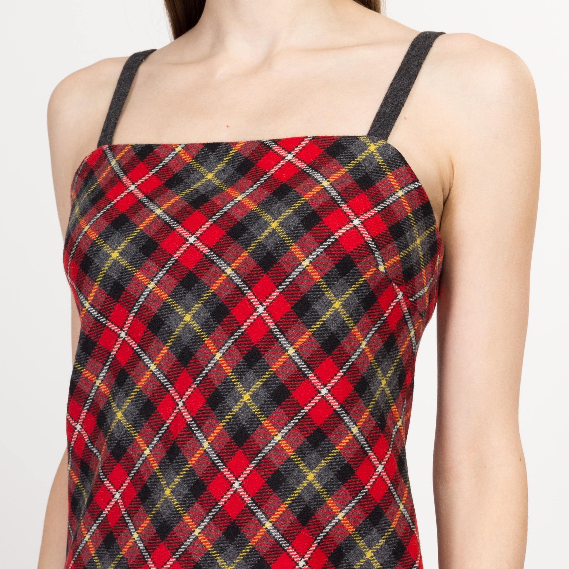 XS 90s Tommy Hilfiger Red Plaid A Line Dress | Vintage Spaghetti Strap Knit Midi Dress