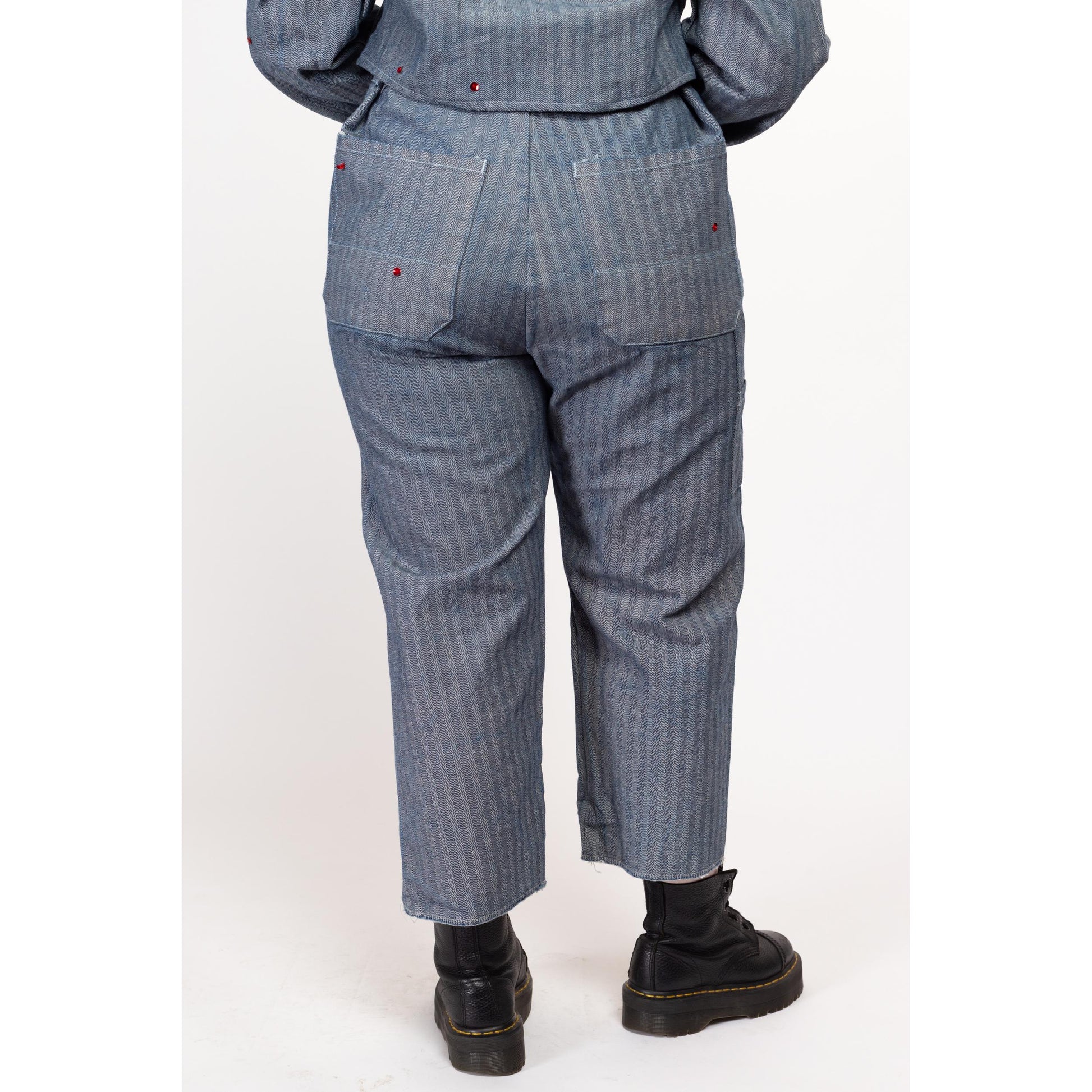 Lrg-XL Y2K Herringbone Workwear Sequin Coverall Jacket & Pants Set | Vintage Blue Cotton Mechanics Boiler Suit Uniform Outfit