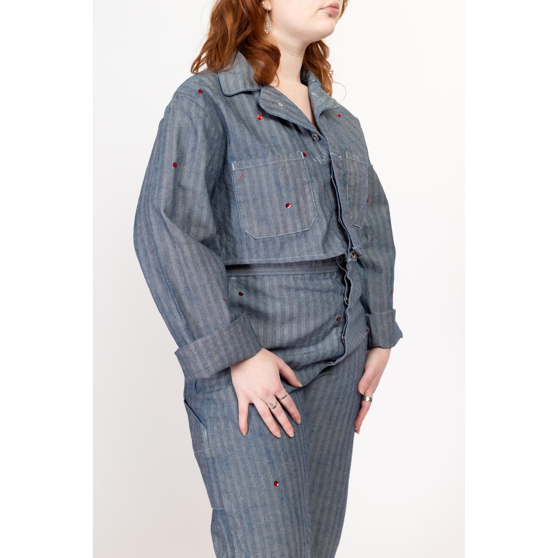 Lrg-XL Y2K Herringbone Workwear Sequin Coverall Jacket & Pants Set | Vintage Blue Cotton Mechanics Boiler Suit Uniform Outfit