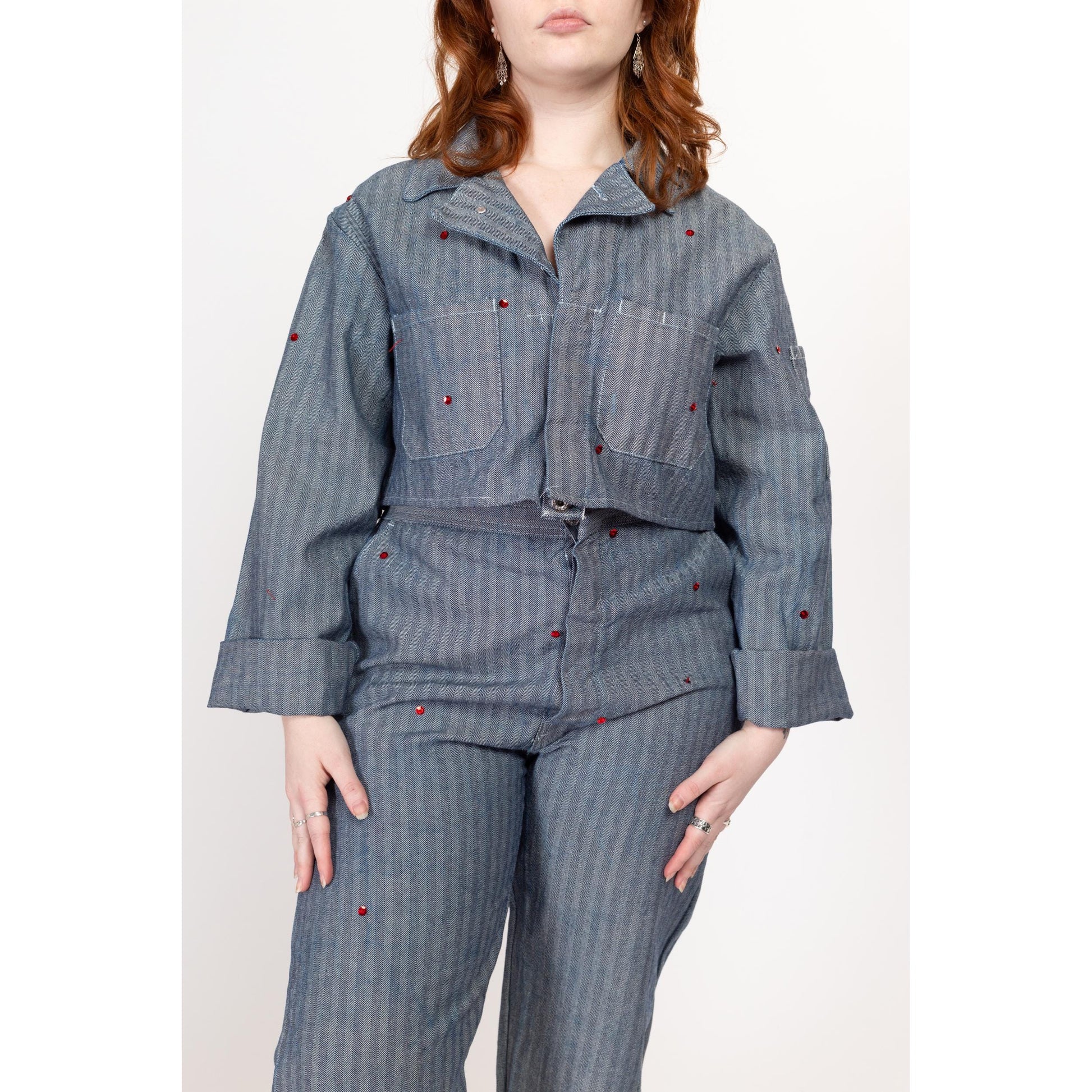 Lrg-XL Y2K Herringbone Workwear Sequin Coverall Jacket & Pants Set | Vintage Blue Cotton Mechanics Boiler Suit Uniform Outfit