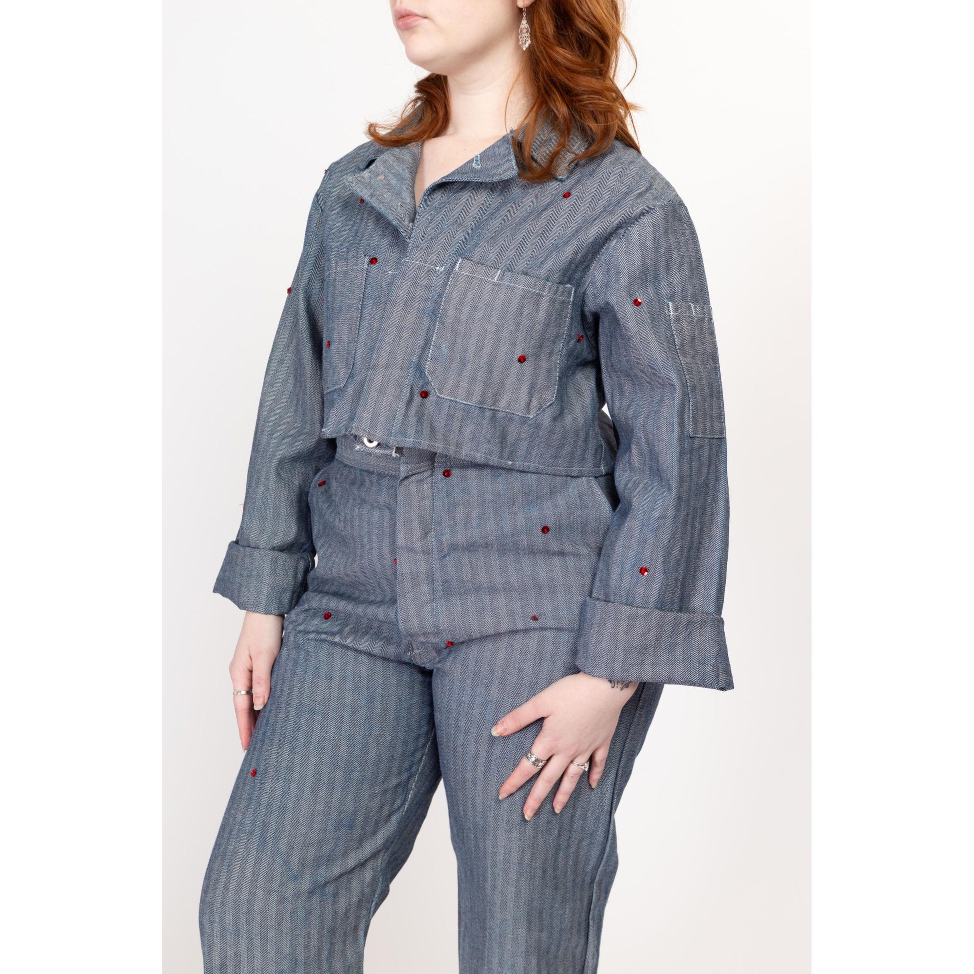 Lrg-XL Y2K Herringbone Workwear Sequin Coverall Jacket & Pants Set | Vintage Blue Cotton Mechanics Boiler Suit Uniform Outfit
