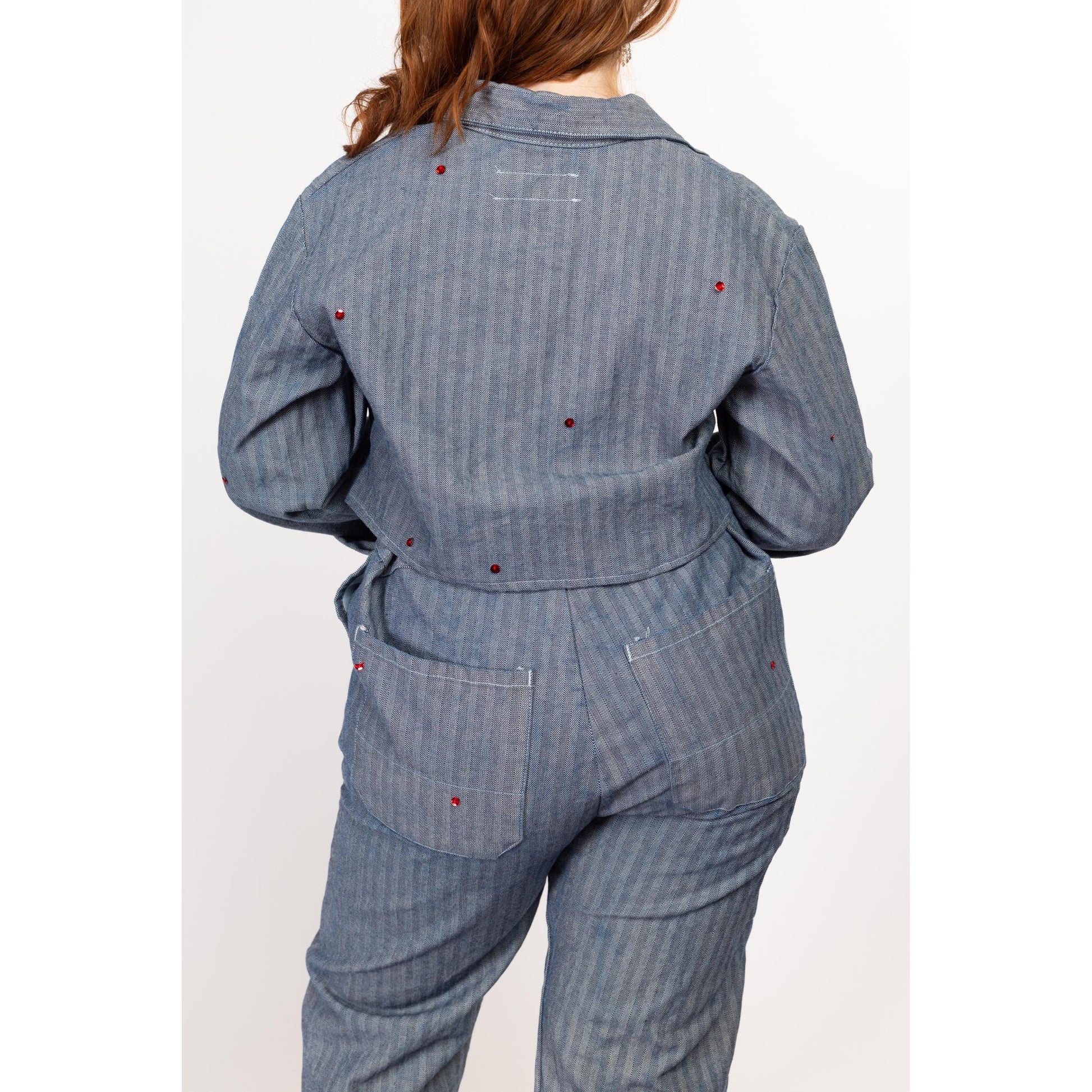 Lrg-XL Y2K Herringbone Workwear Sequin Coverall Jacket & Pants Set | Vintage Blue Cotton Mechanics Boiler Suit Uniform Outfit