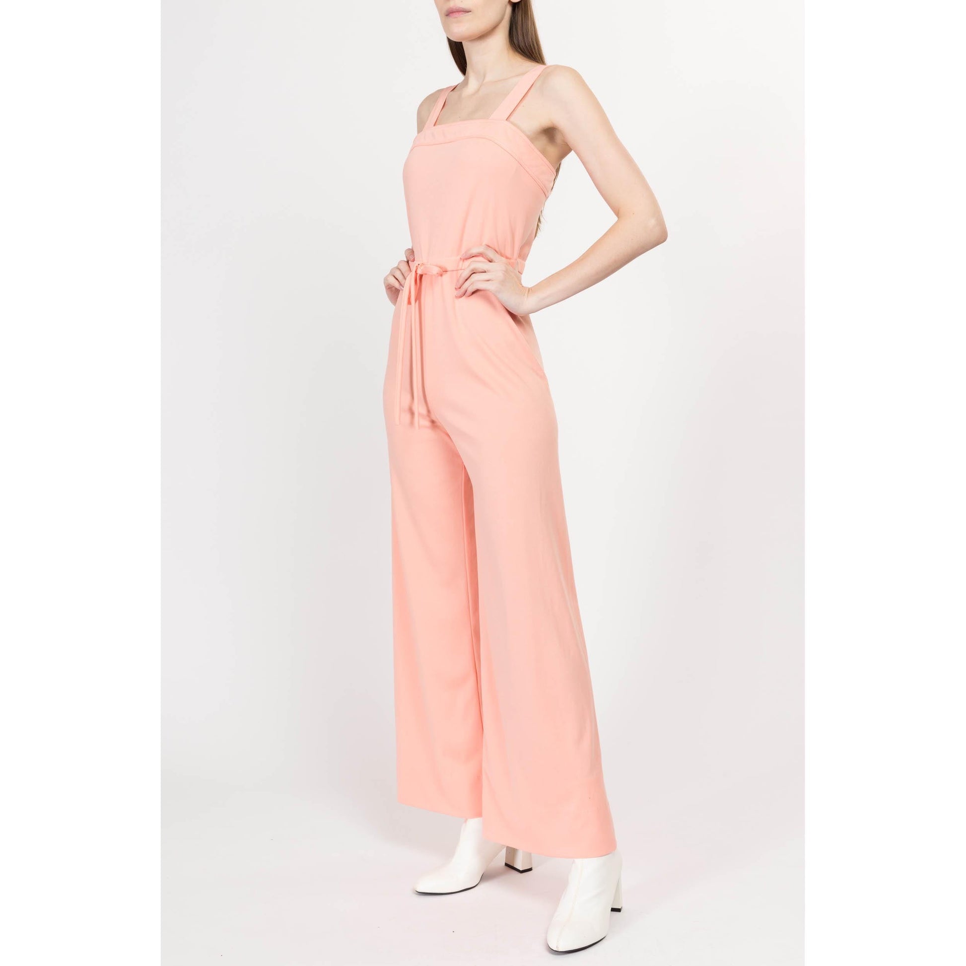 Small 70s Peach Pink Sleeveless Jumpsuit | Retro Vintage Flared Leg Disco Pantsuit