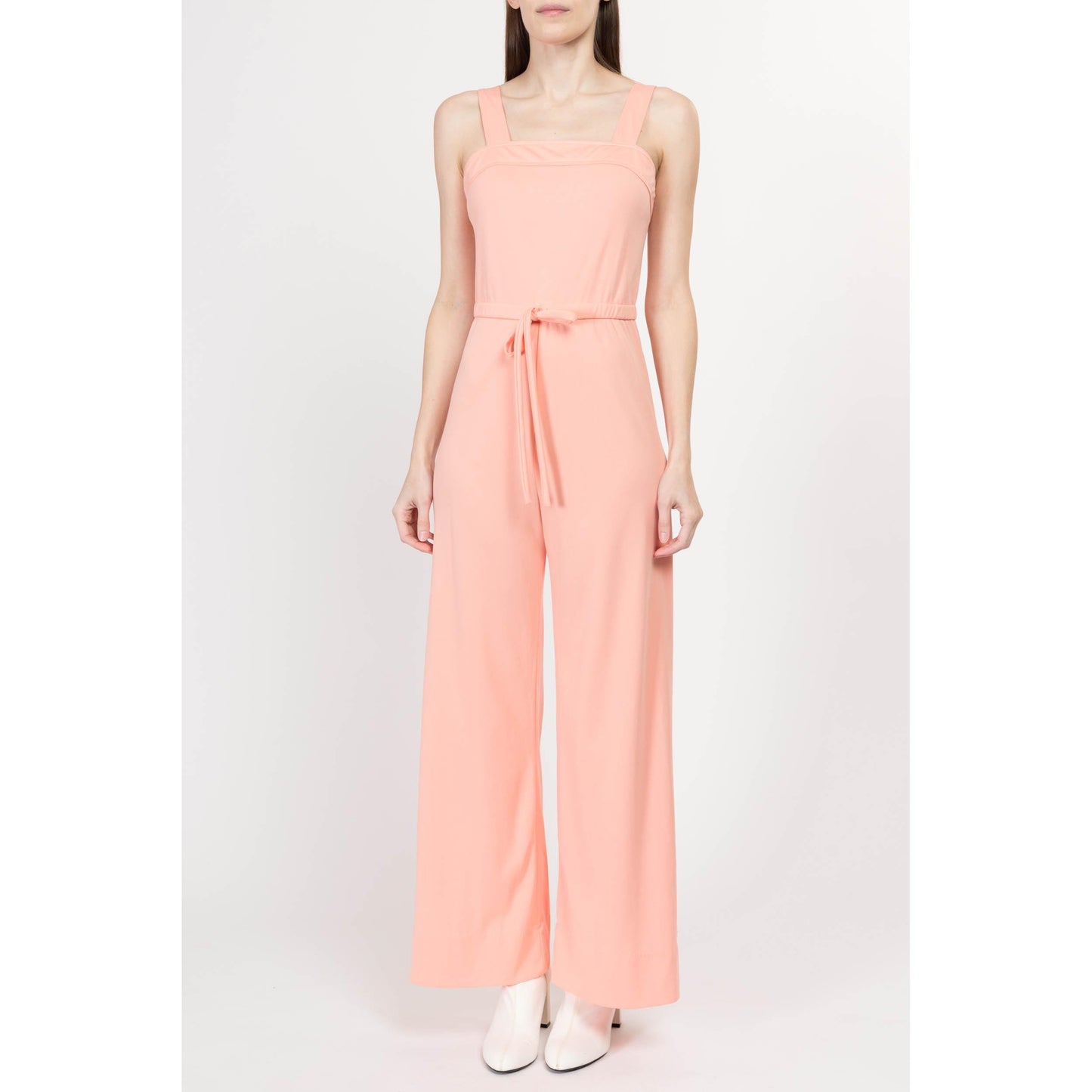 Small 70s Peach Pink Sleeveless Jumpsuit | Retro Vintage Flared Leg Disco Pantsuit