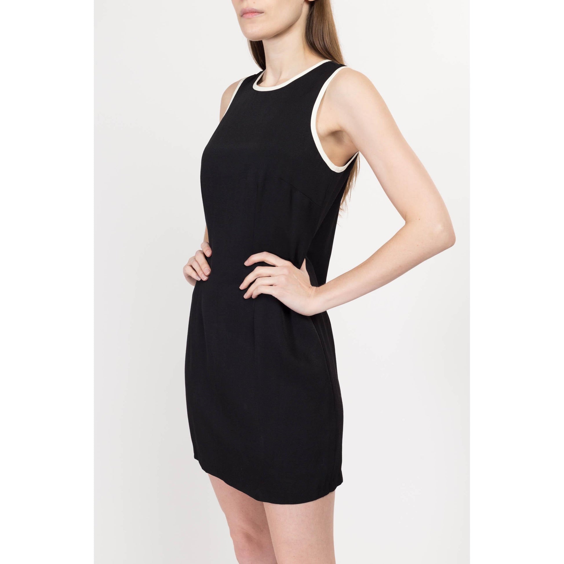 Sm-Med 90s Black & White Ringer Cocktail Mini Dress | Vintage Minimalist Sleeveless Sheath Party Dress