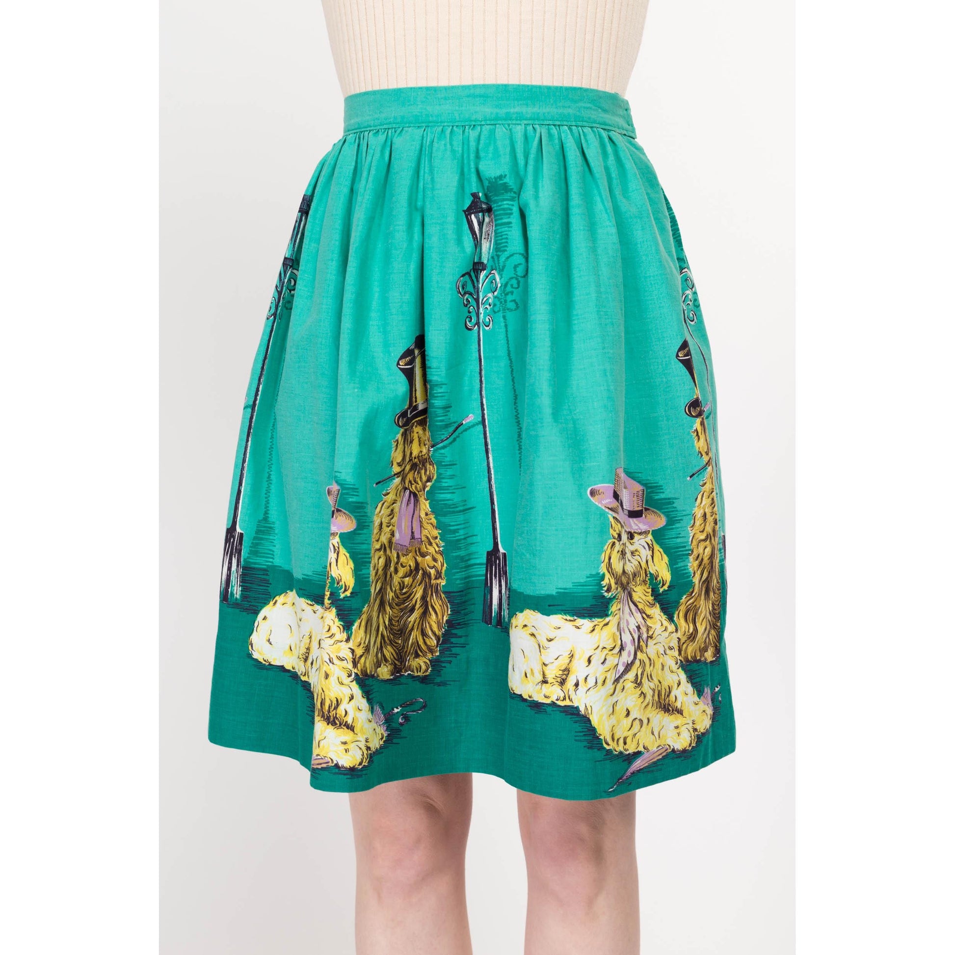 XS 60s Dapper Dog Novelty Print Mini Skirt 25" | Retro Vintage Teal Cute Animal Skirt