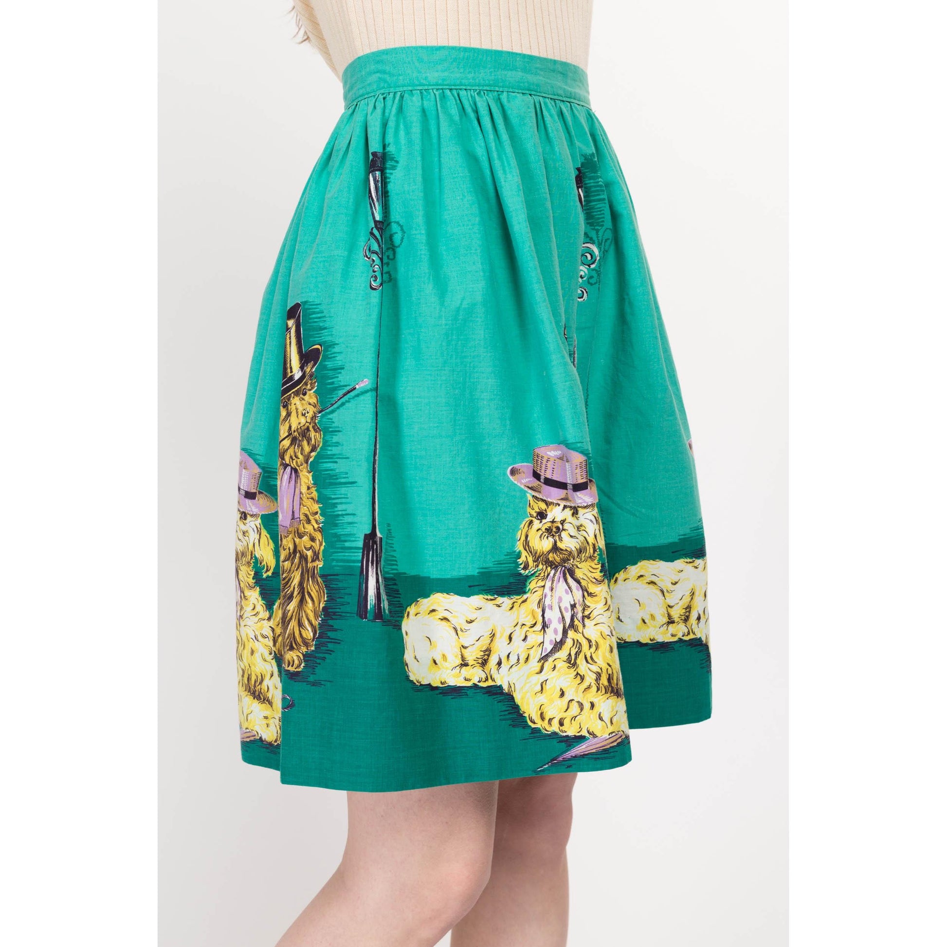 XS 60s Dapper Dog Novelty Print Mini Skirt 25" | Retro Vintage Teal Cute Animal Skirt