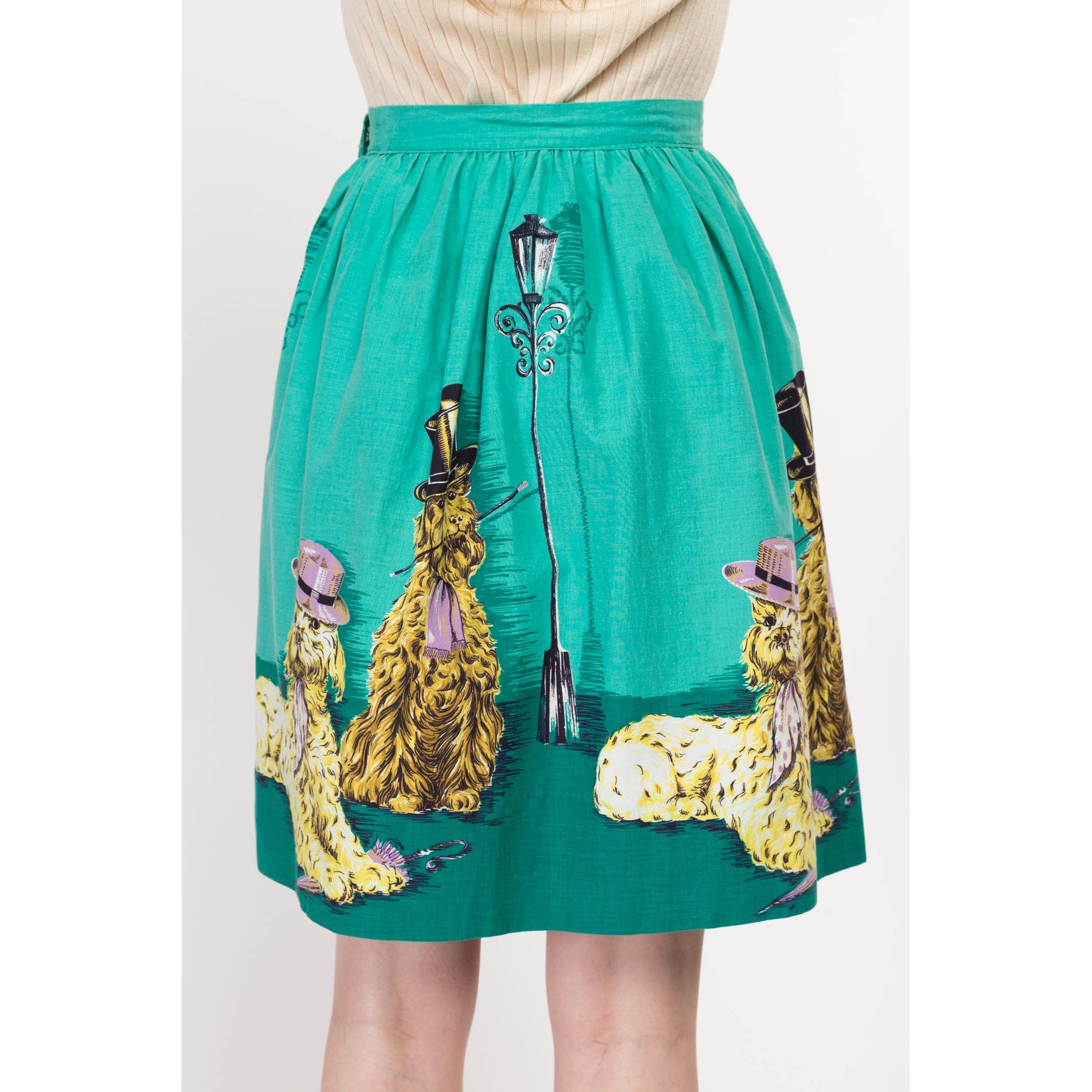 XS 60s Dapper Dog Novelty Print Mini Skirt 25" | Retro Vintage Teal Cute Animal Skirt