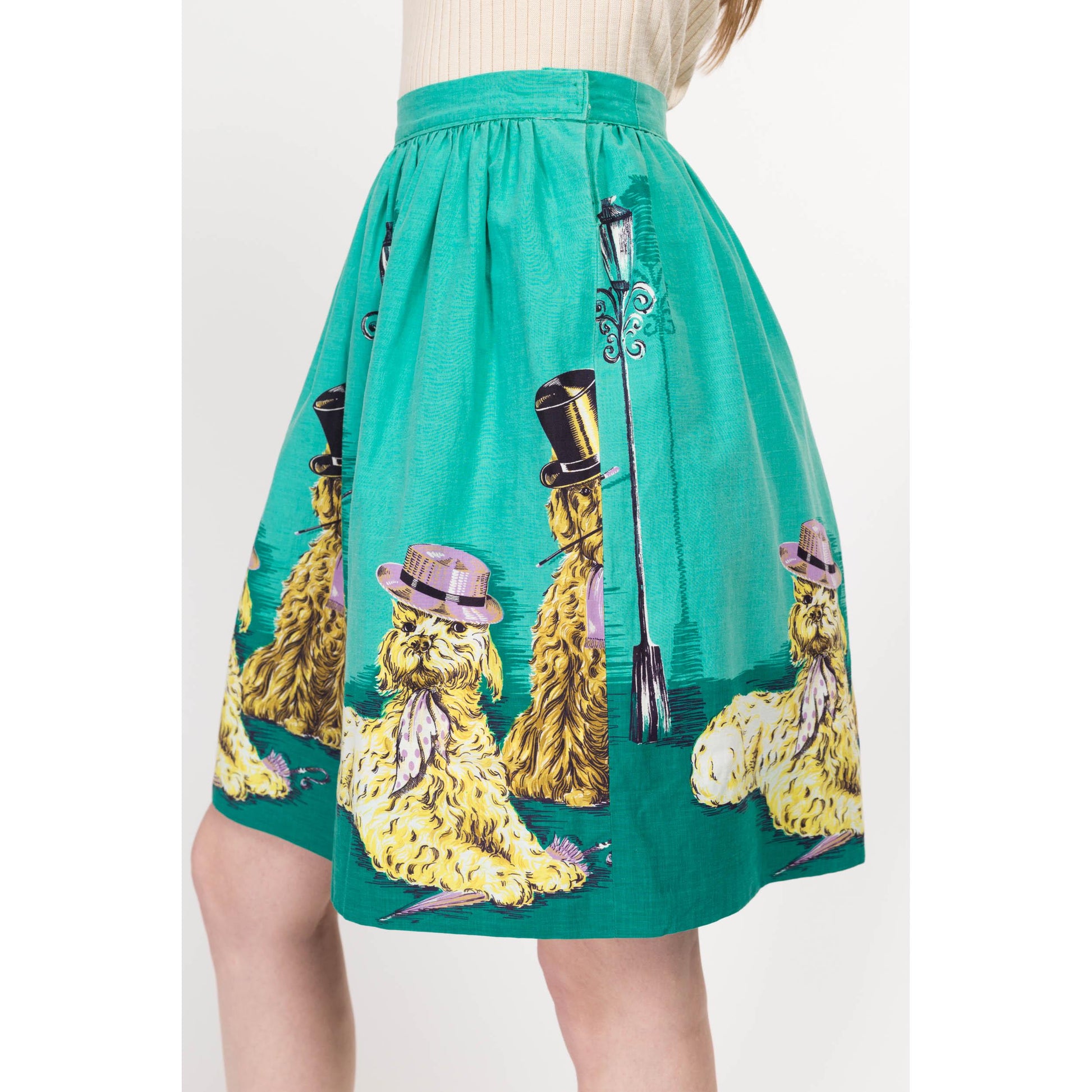 XS 60s Dapper Dog Novelty Print Mini Skirt 25" | Retro Vintage Teal Cute Animal Skirt