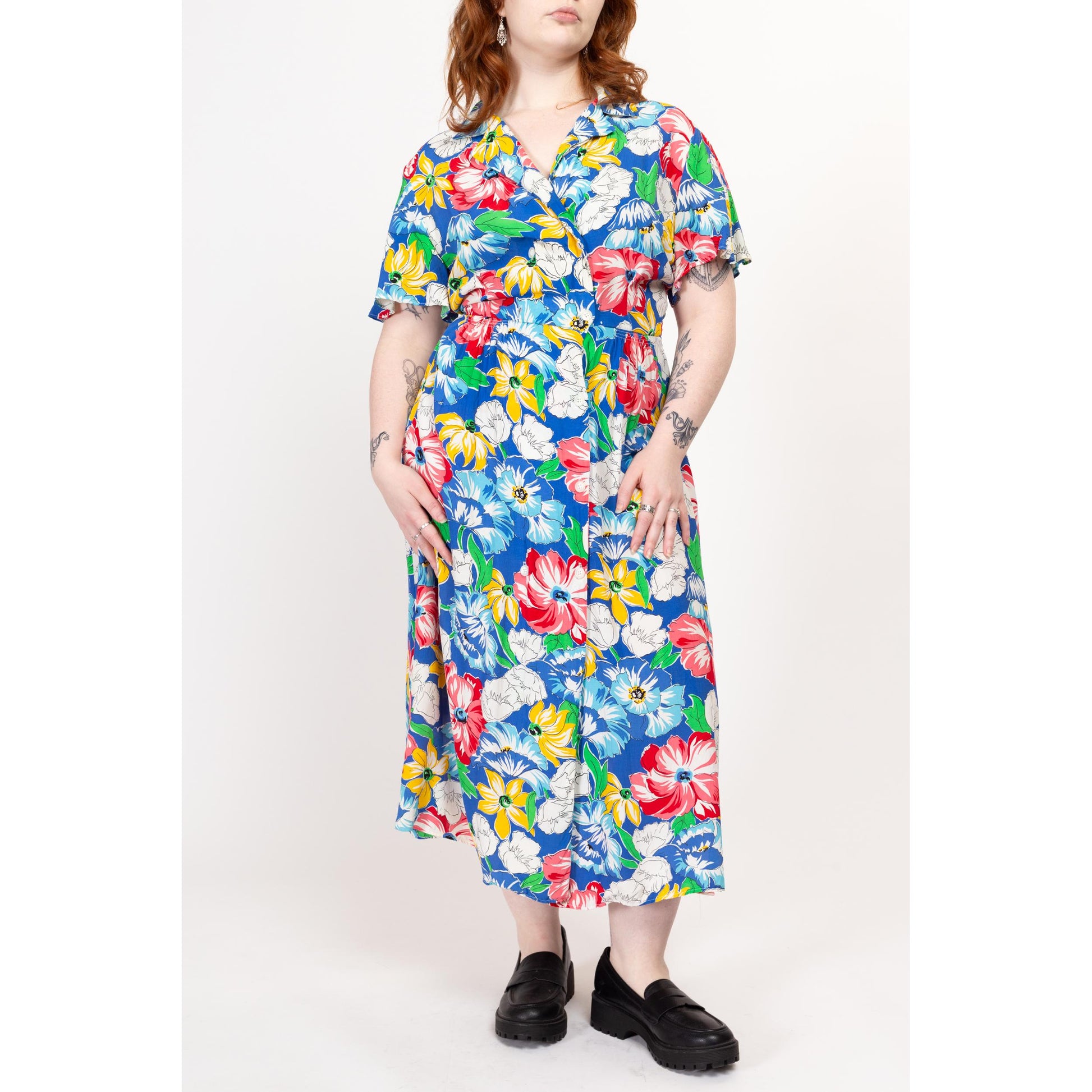80's casual dresses Vintage Cotton Dress 80s Casual Turquoise Summer Dress Midi Feminine Dress LARGE
