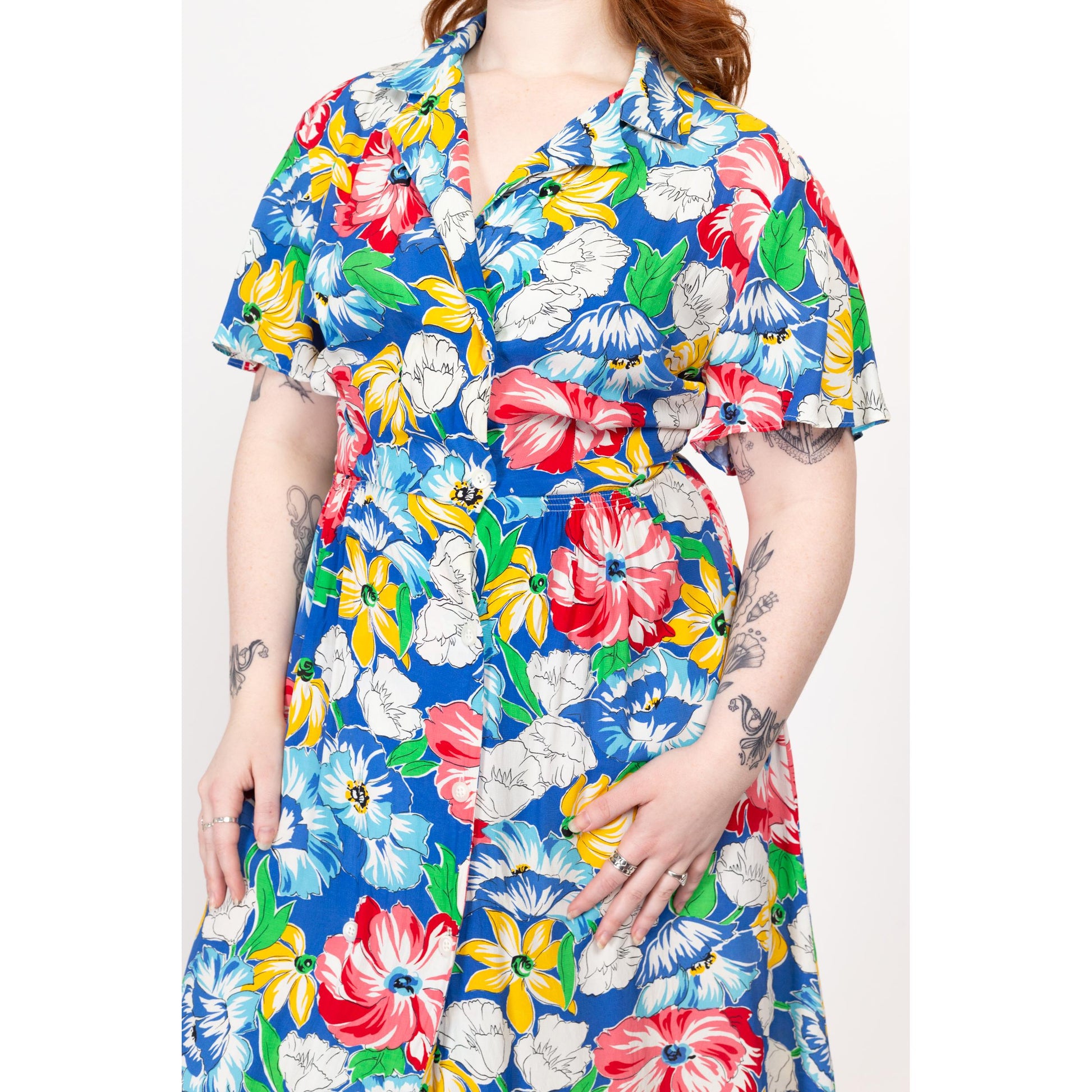 Large 80s Colorful Floral Lightweight Maxi Shirtdress Flying Apple Vintage Large 80s Colorful Floral Lightweight Maxi Shirtdress Flying Apple Vintage