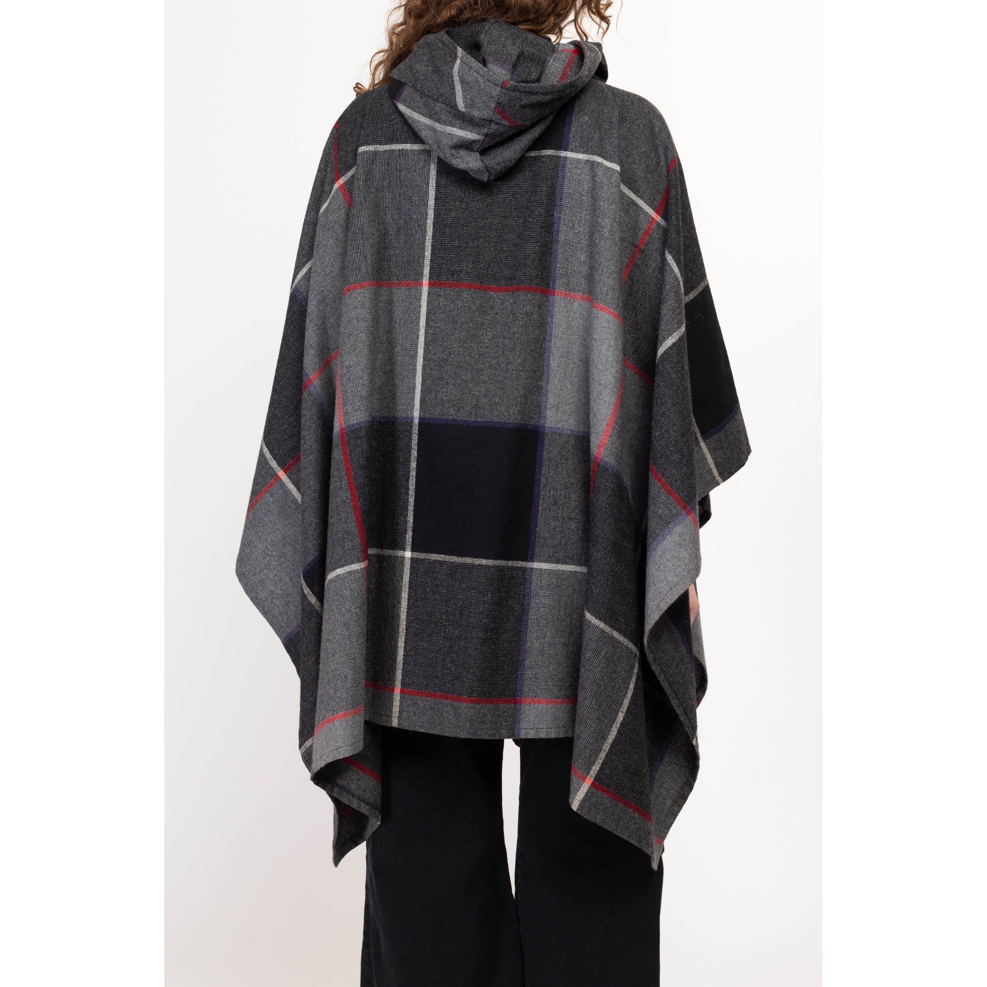 One Size 80s Grey Plaid Wool Hooded Poncho | Boho Vintage Fall Winter Long Cape