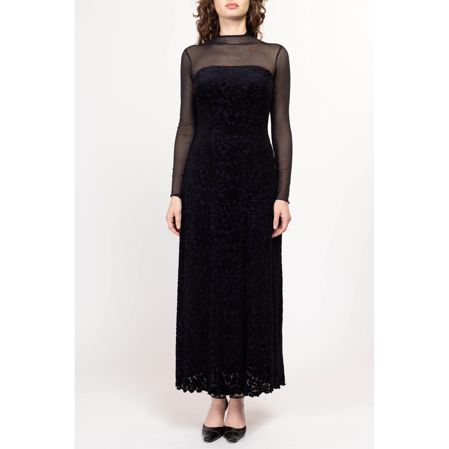 Sm-Med 80s Black Velvet Burnout Strapless Illusion Gown | Vintage Sheer Long Sleeve Button Back Maxi Dress