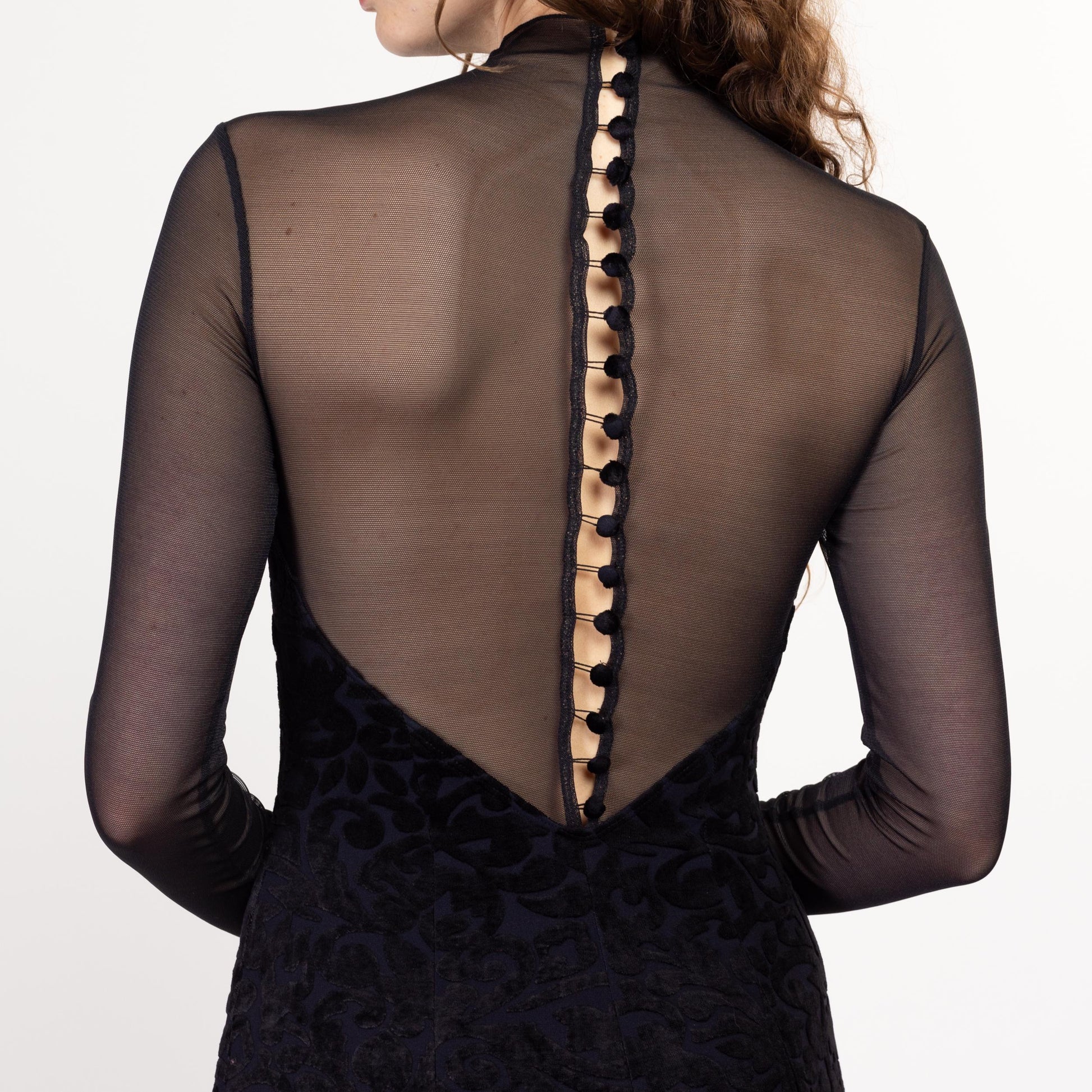 Sm-Med 80s Black Velvet Burnout Strapless Illusion Gown | Vintage Sheer Long Sleeve Button Back Maxi Dress