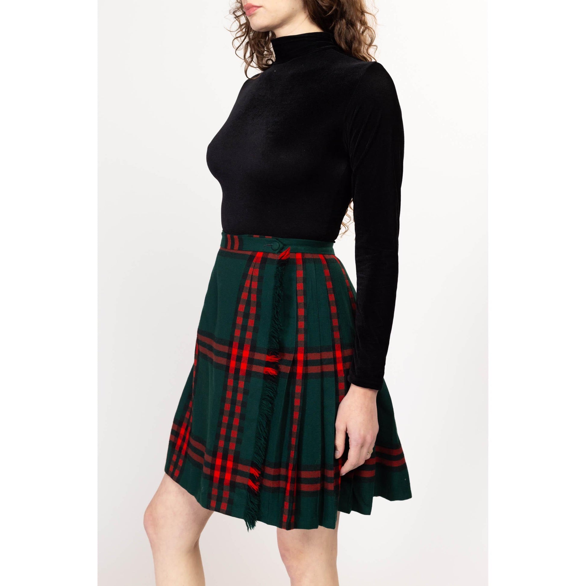 Small 60s Scottish Plaid Tartan Mini Kilt 27" | Vintage Rob Roy Red Green Preppy Schoolgirl Fringe Wrap Skirt