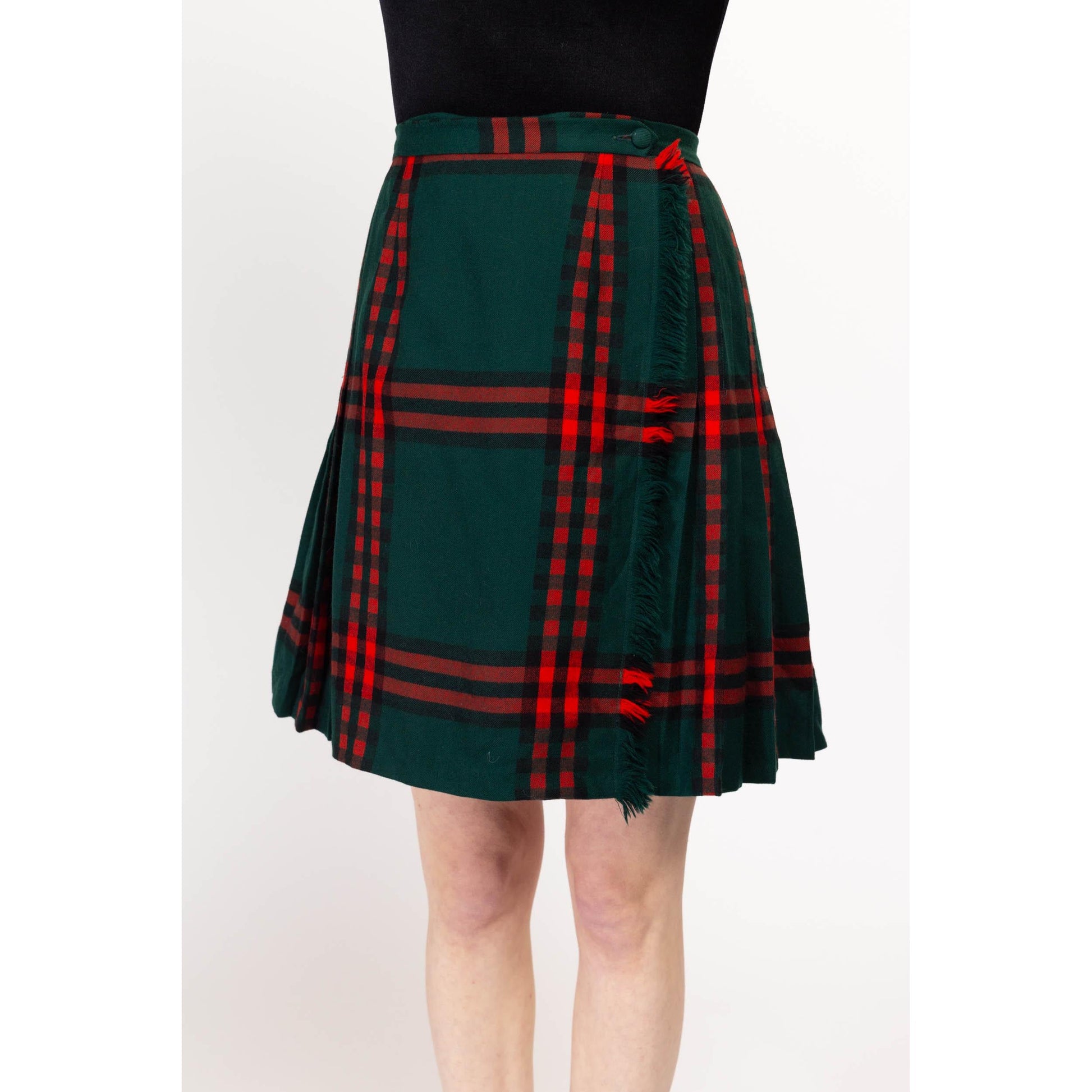 Small 60s Scottish Plaid Tartan Mini Kilt 27" | Vintage Rob Roy Red Green Preppy Schoolgirl Fringe Wrap Skirt