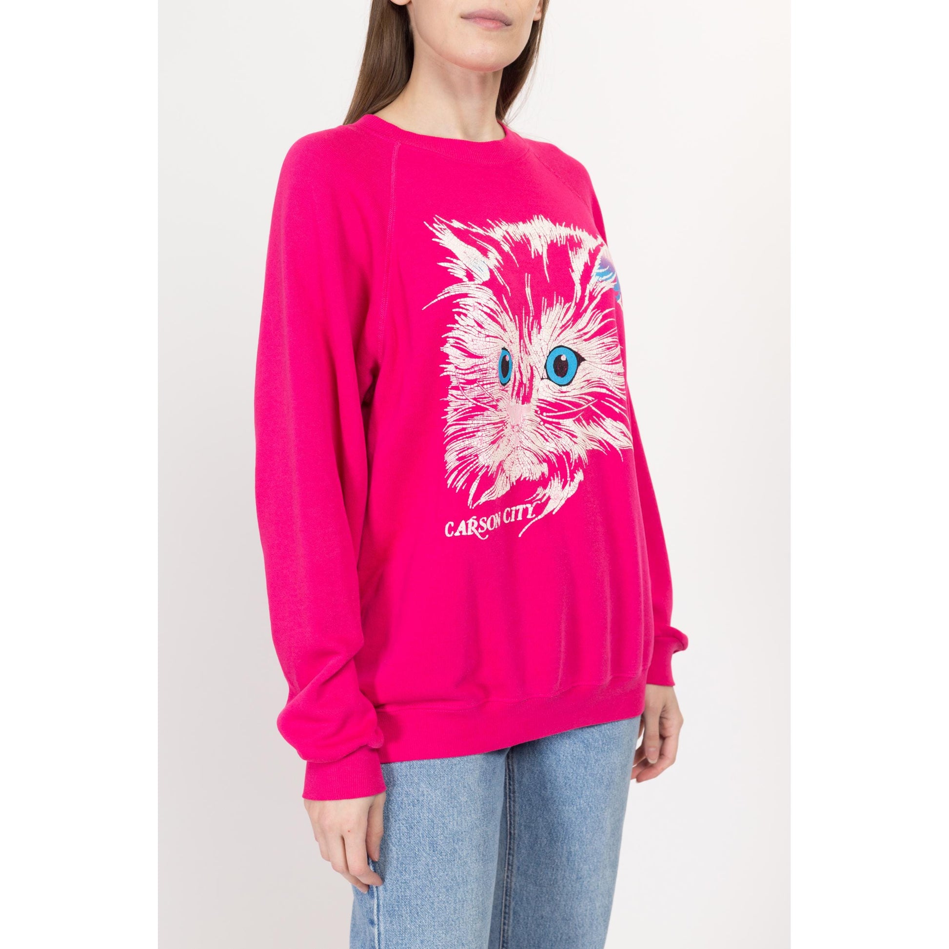 Large 90s Hot Pink Cat Graphic Sweatshirt | Vintage Raglan Sleeve Carson City Souvenir Crewneck