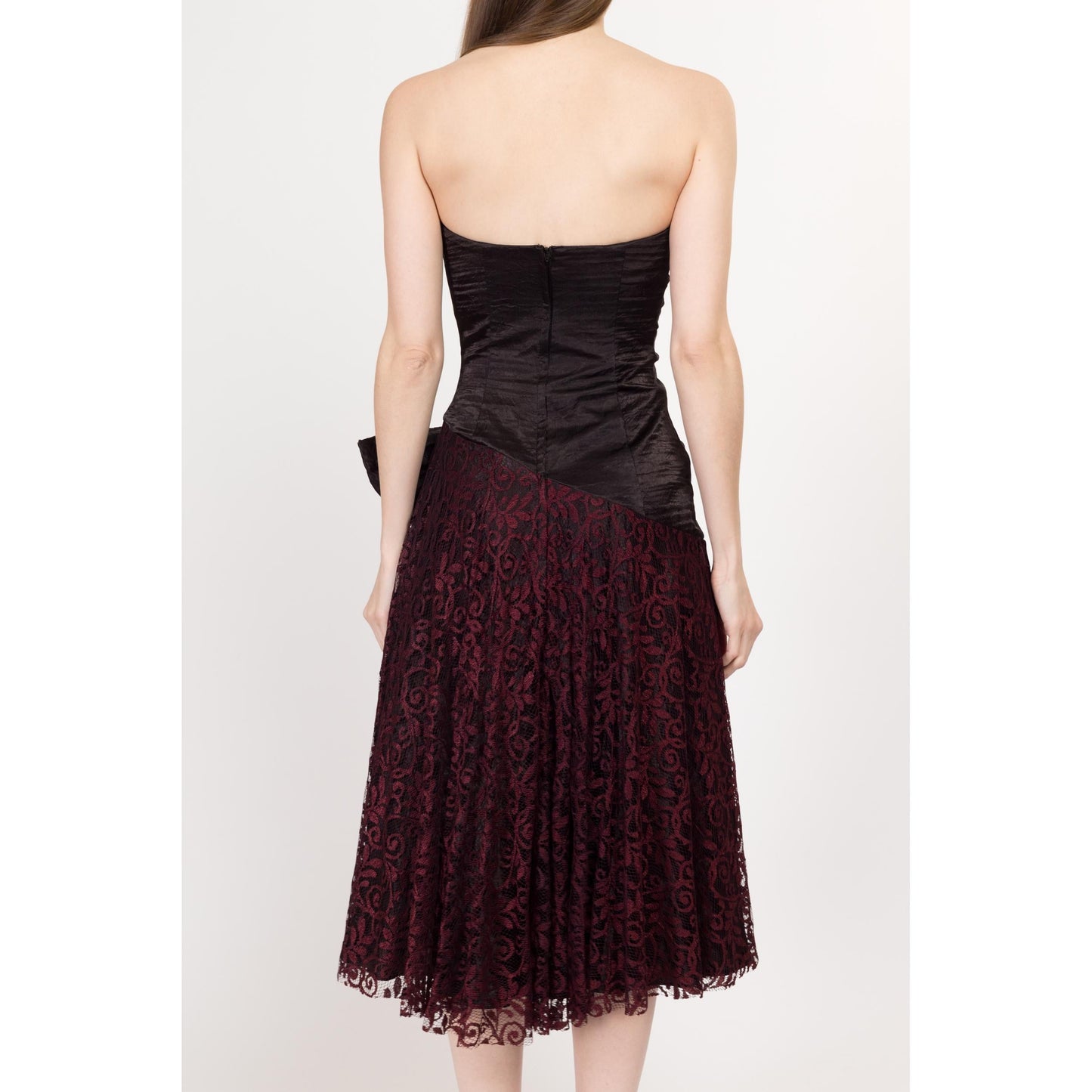 XS 80s Red Lace & Black Satin Strapless Party Dress | Vintage Fit Flare Gothic Formal Midi Dress