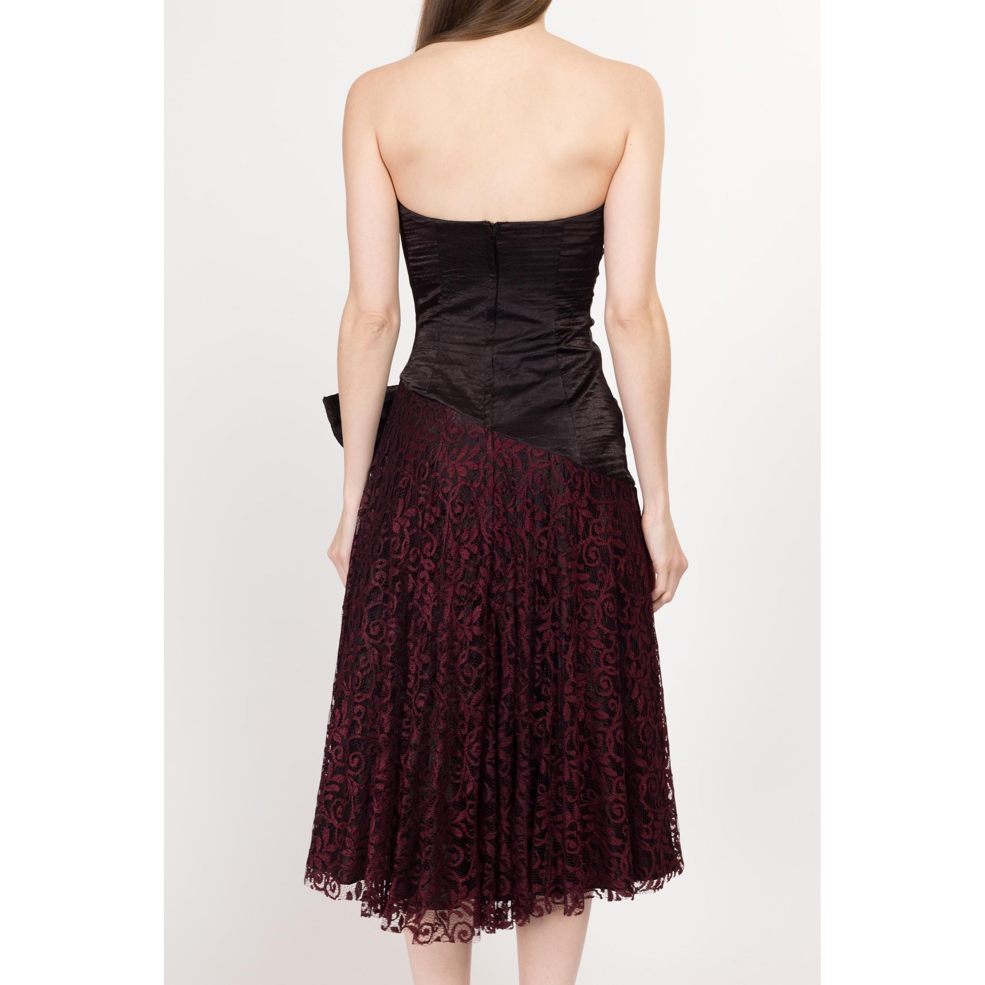XS 80s Red Lace & Black Satin Strapless Party Dress | Vintage Fit Flare Gothic Formal Midi Dress