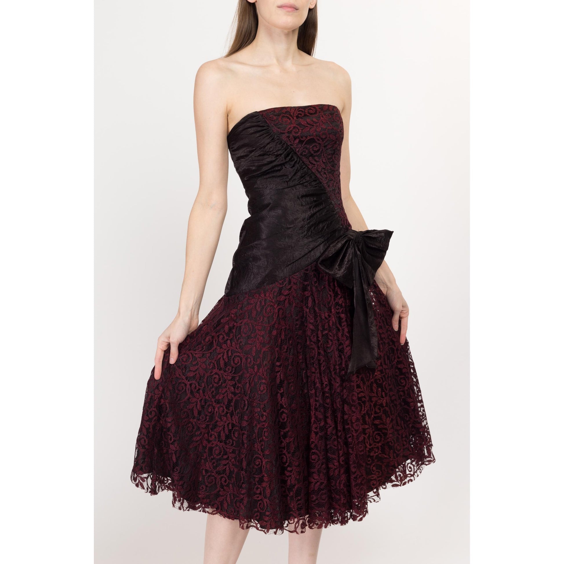 XS 80s Red Lace & Black Satin Strapless Party Dress | Vintage Fit Flare Gothic Formal Midi Dress