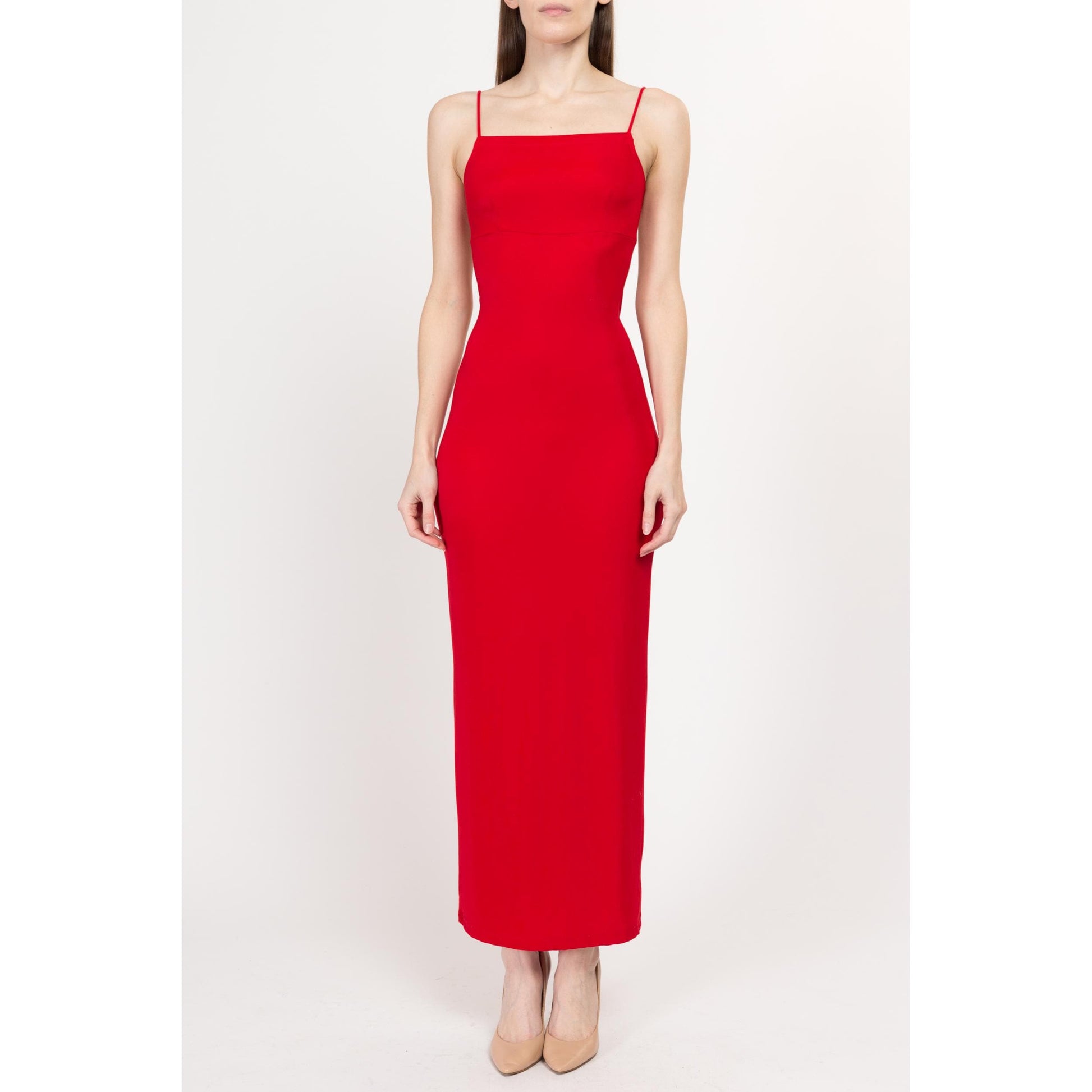 XS 90s Red Ribcage Backless Bodycon Maxi Dress | Vintage Open Back Sexy Strappy Gown