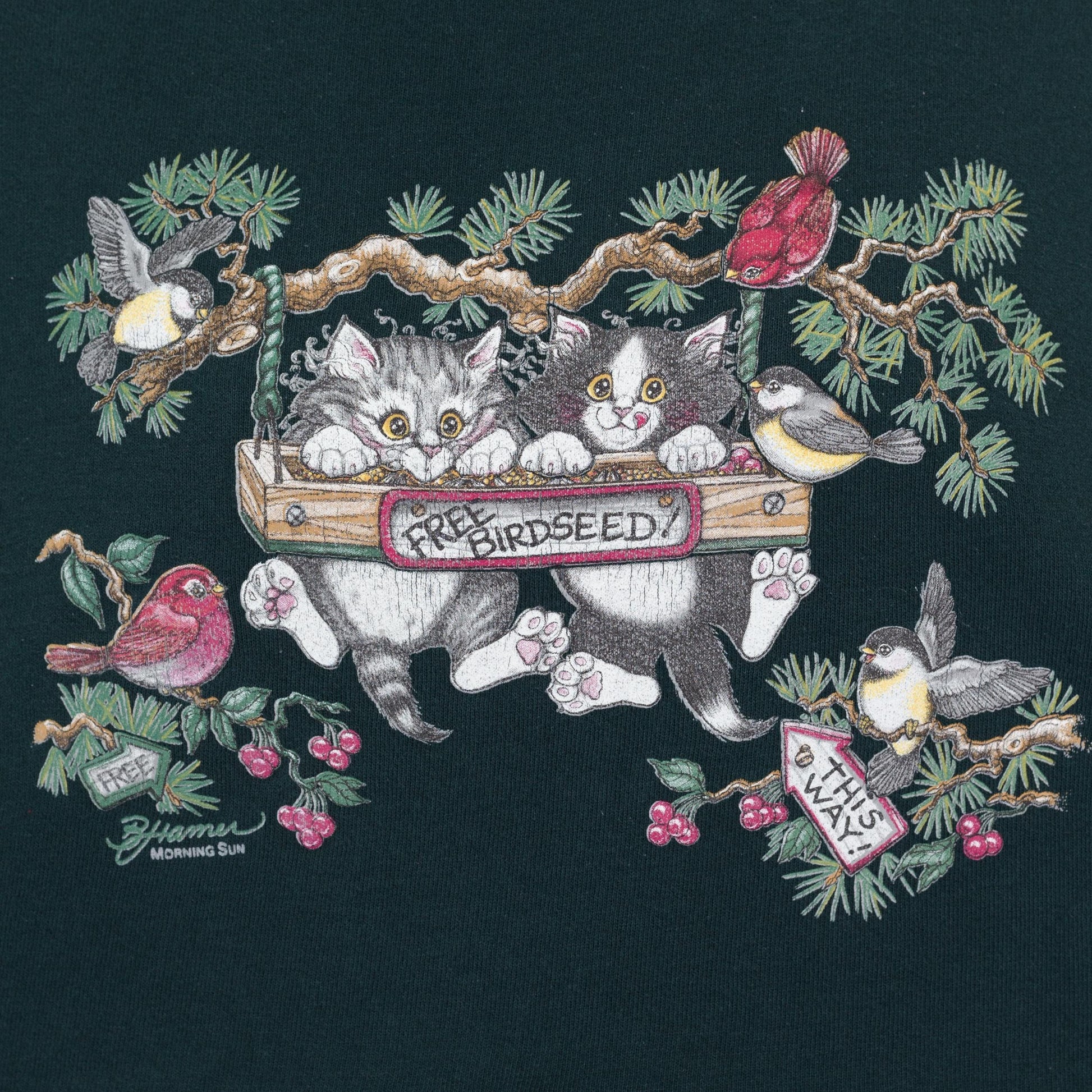 Large 80s Kittens "Free Birdseed" Cropped Sweatshirt | Vintage Green Cute Animal Pullover Crop Top
