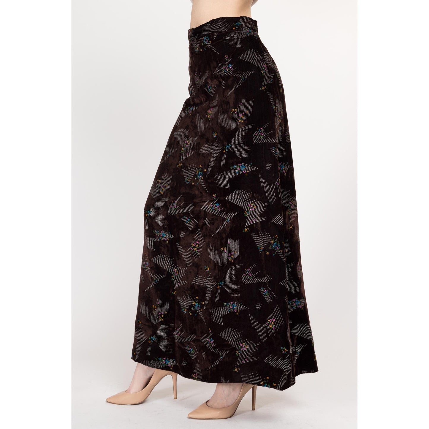 Small 70s Abstract Floral Dark Brown Velvet Maxi Skirt 27" | Vintage High Waisted A Line Hostess Skirt