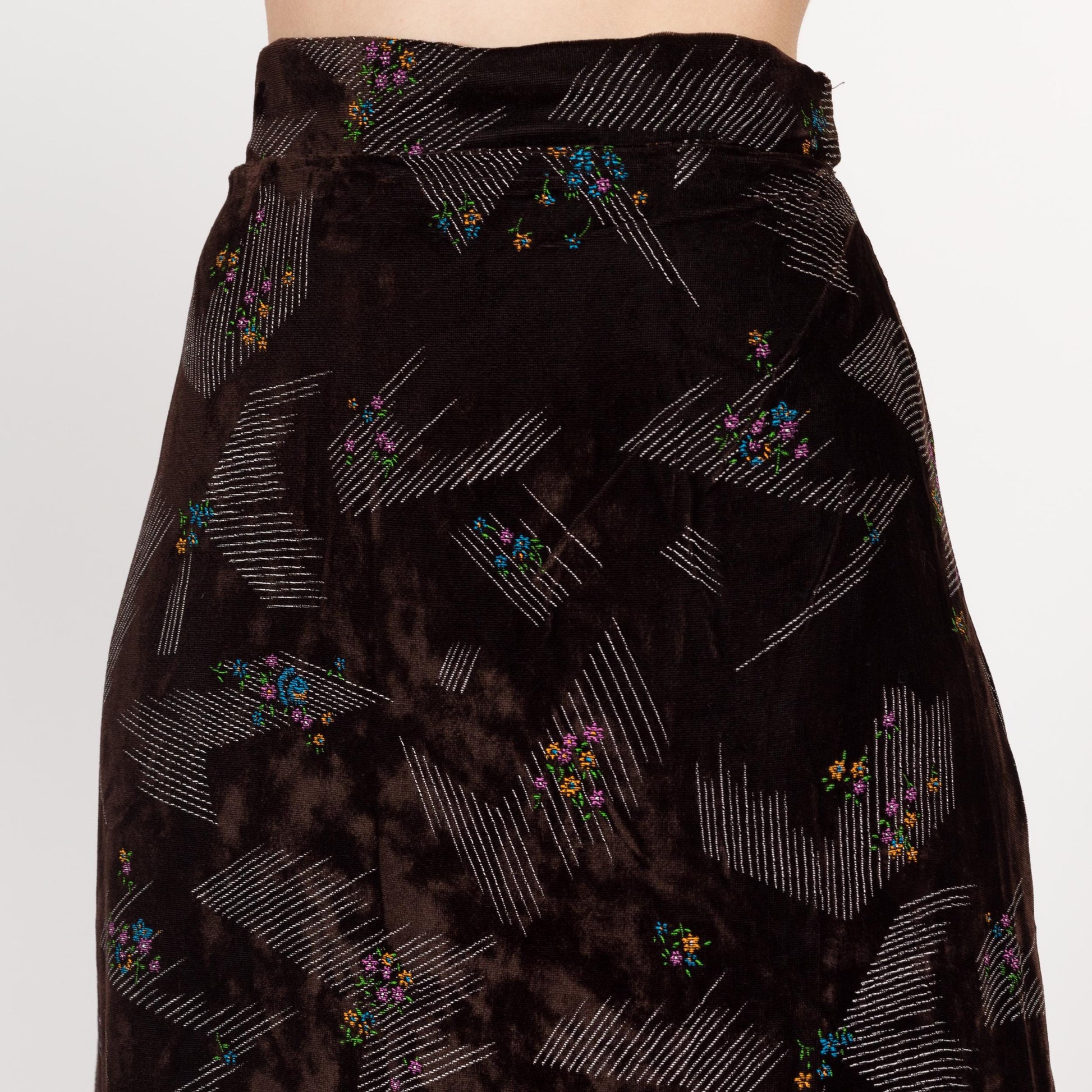 Small 70s Abstract Floral Dark Brown Velvet Maxi Skirt 27" | Vintage High Waisted A Line Hostess Skirt