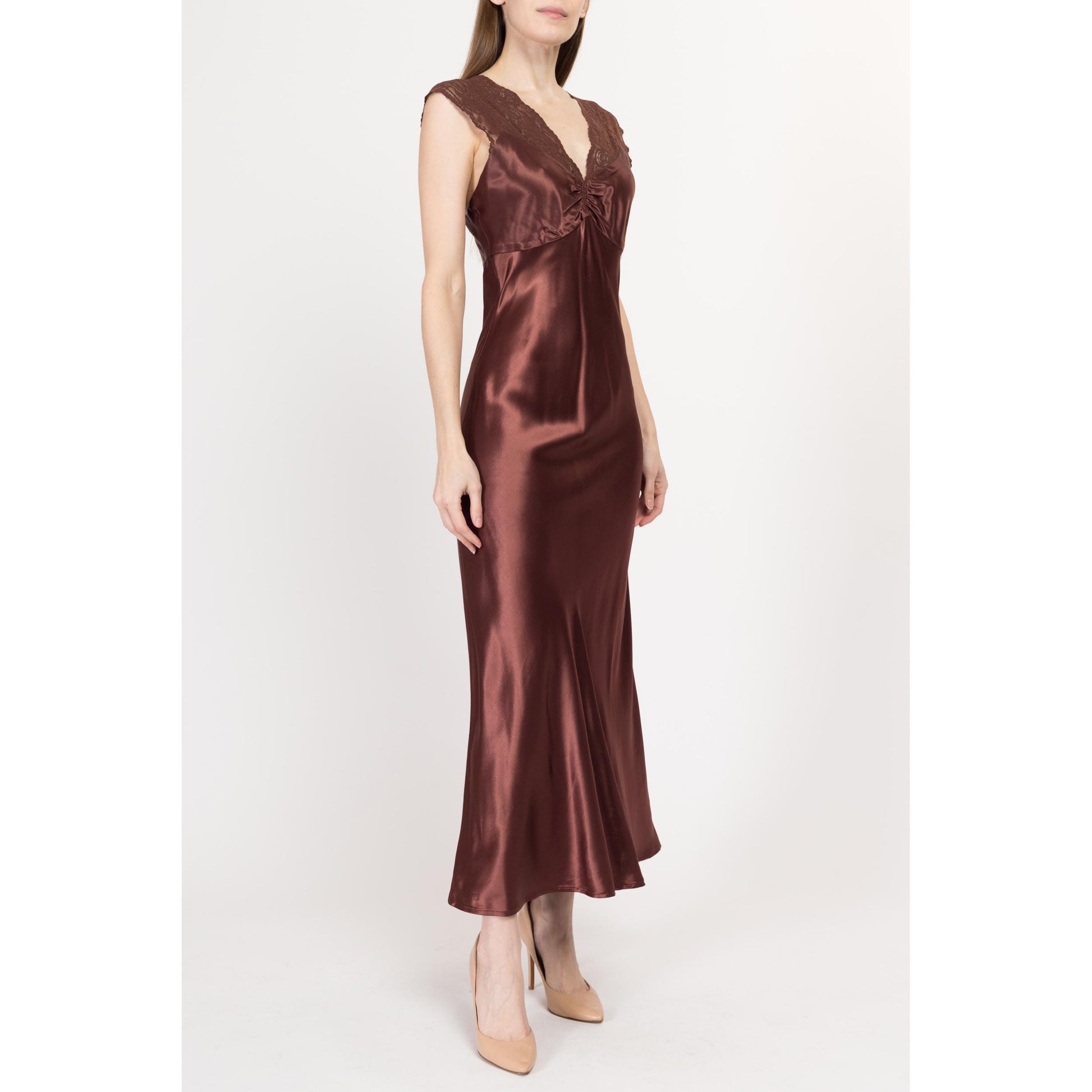 XS-Sm 90s Hugo Buscati Chocolate Brown Satin Bias Cut Slip Dress | Retro Vintage Slinky Lace Trim Low Back Maxi Gown
