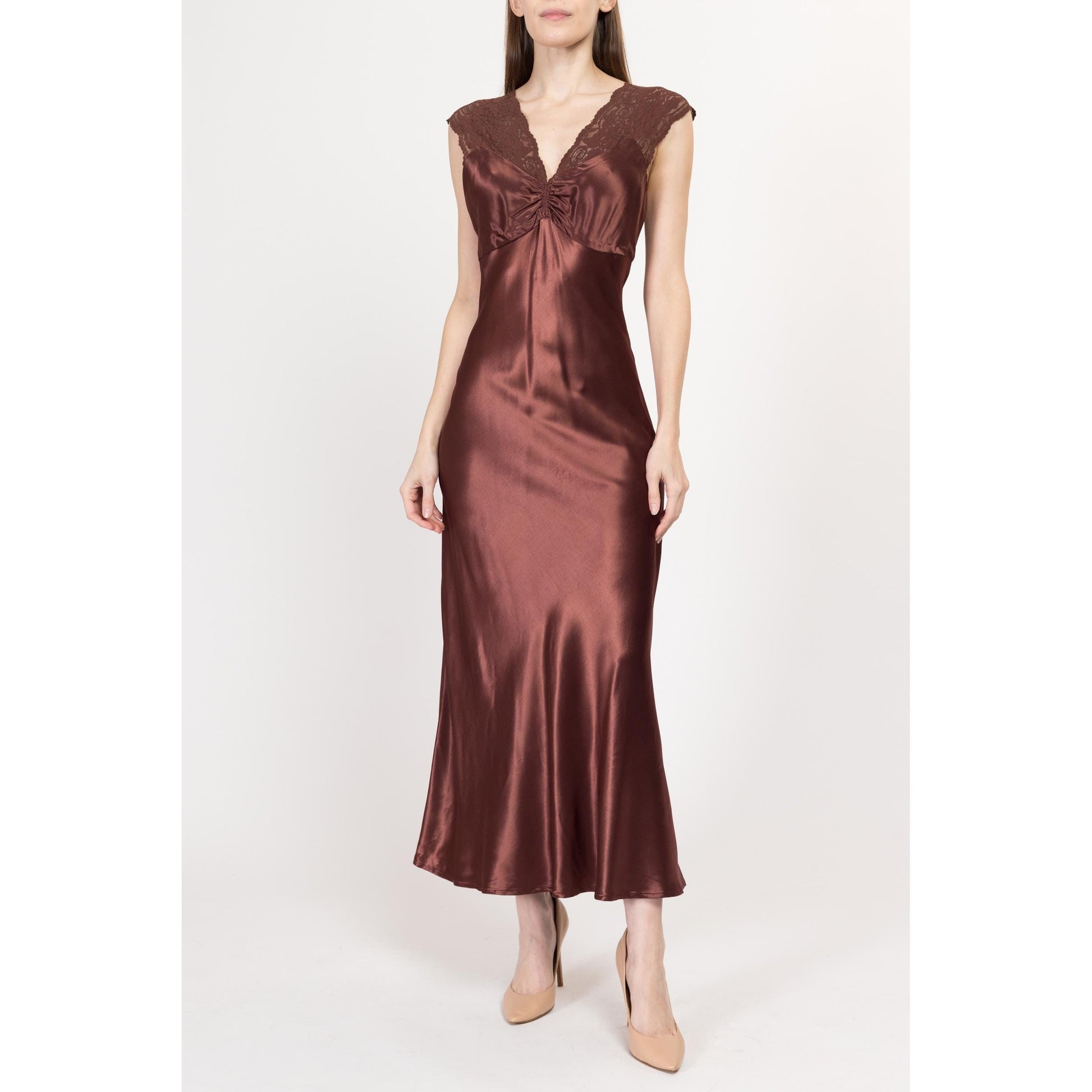 XS-Sm 90s Hugo Buscati Chocolate Brown Satin Bias Cut Slip Dress | Retro Vintage Slinky Lace Trim Low Back Maxi Gown