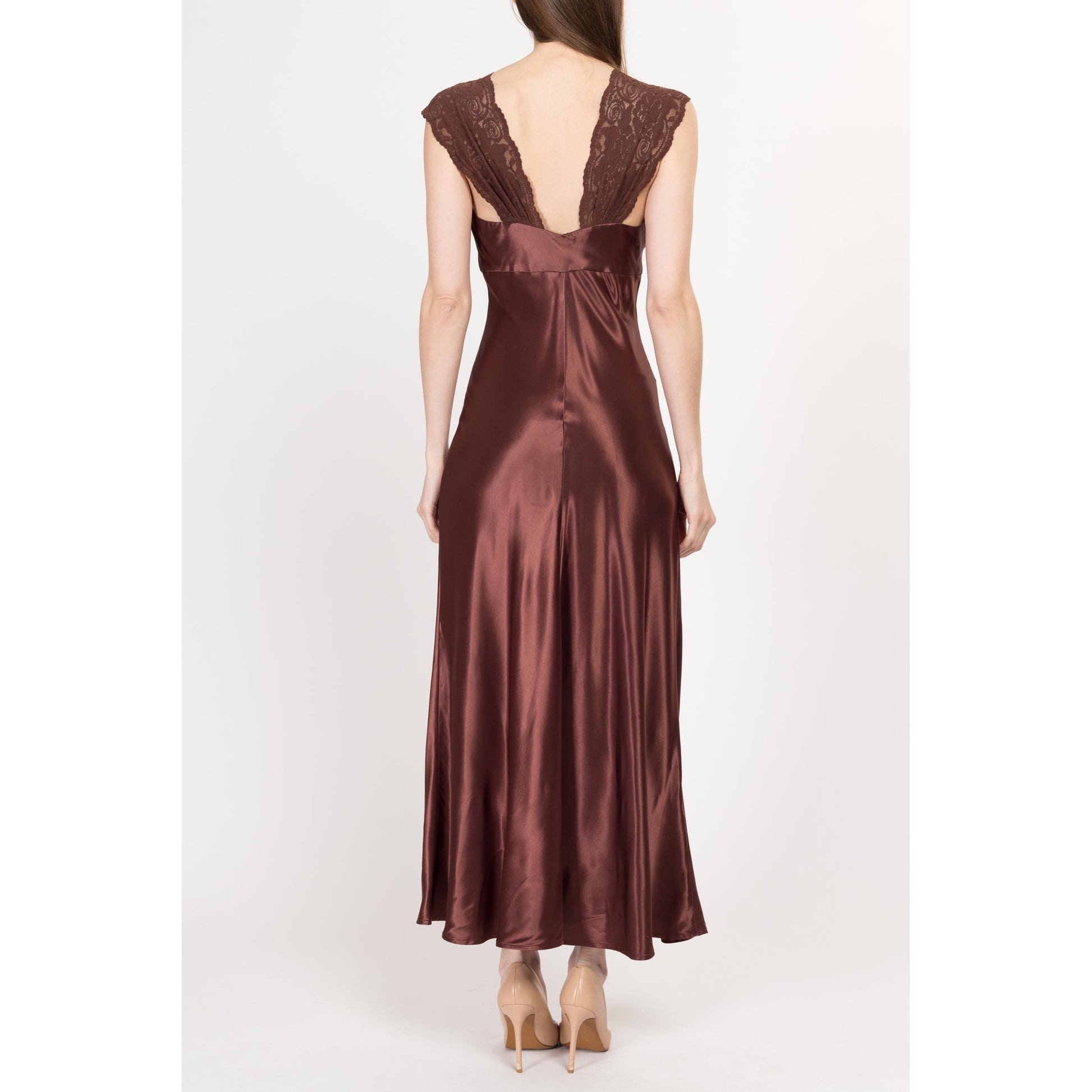 XS-Sm 90s Hugo Buscati Chocolate Brown Satin Bias Cut Slip Dress | Retro Vintage Slinky Lace Trim Low Back Maxi Gown