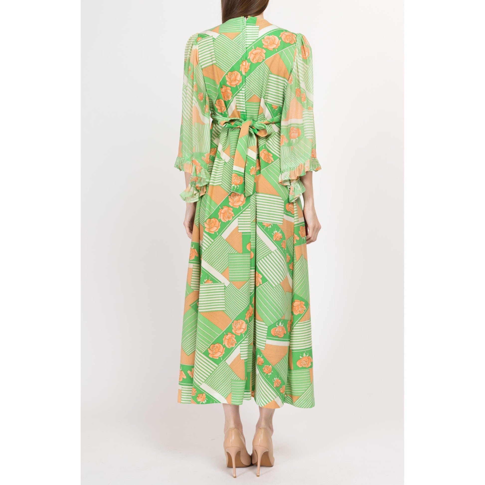 Small 70s Boho Green Floral Angel Sleeve Maxi Dress | Vintage Sheer Sleeve A Line Empire Waist Prairie Hippie Gown