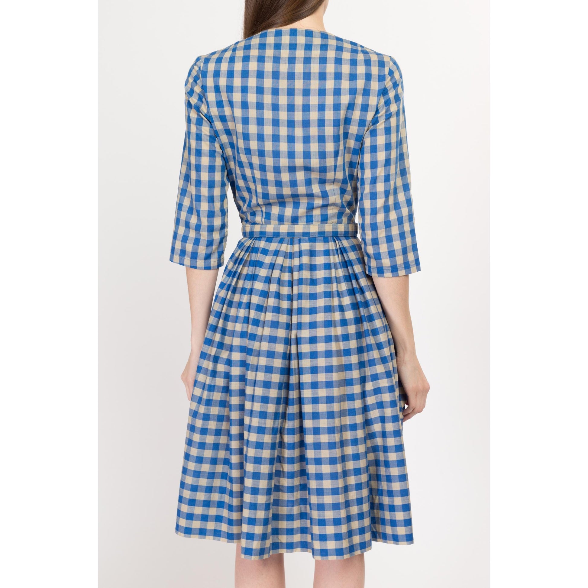 XS 1950s Blue Gingham Belted Fit & Flare Day Dress XS 1950s Blue Gingham Belted Fit & Flare Day Dress